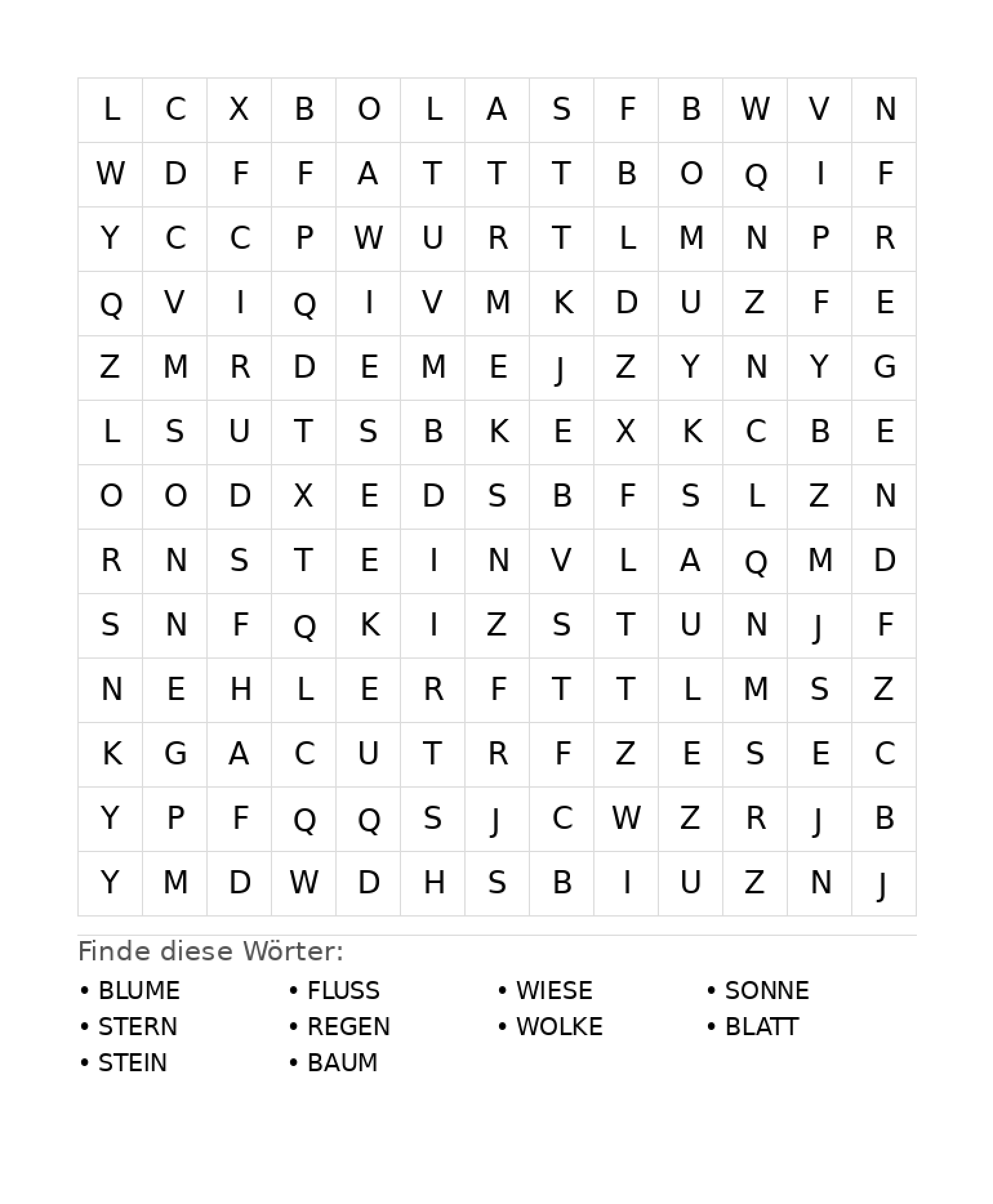 Wortsuchrätsel Wortsuchrätsel: Natur für Grundschule aus der Kategorie Wortsuchrätsel - kostenlos ausdrucken