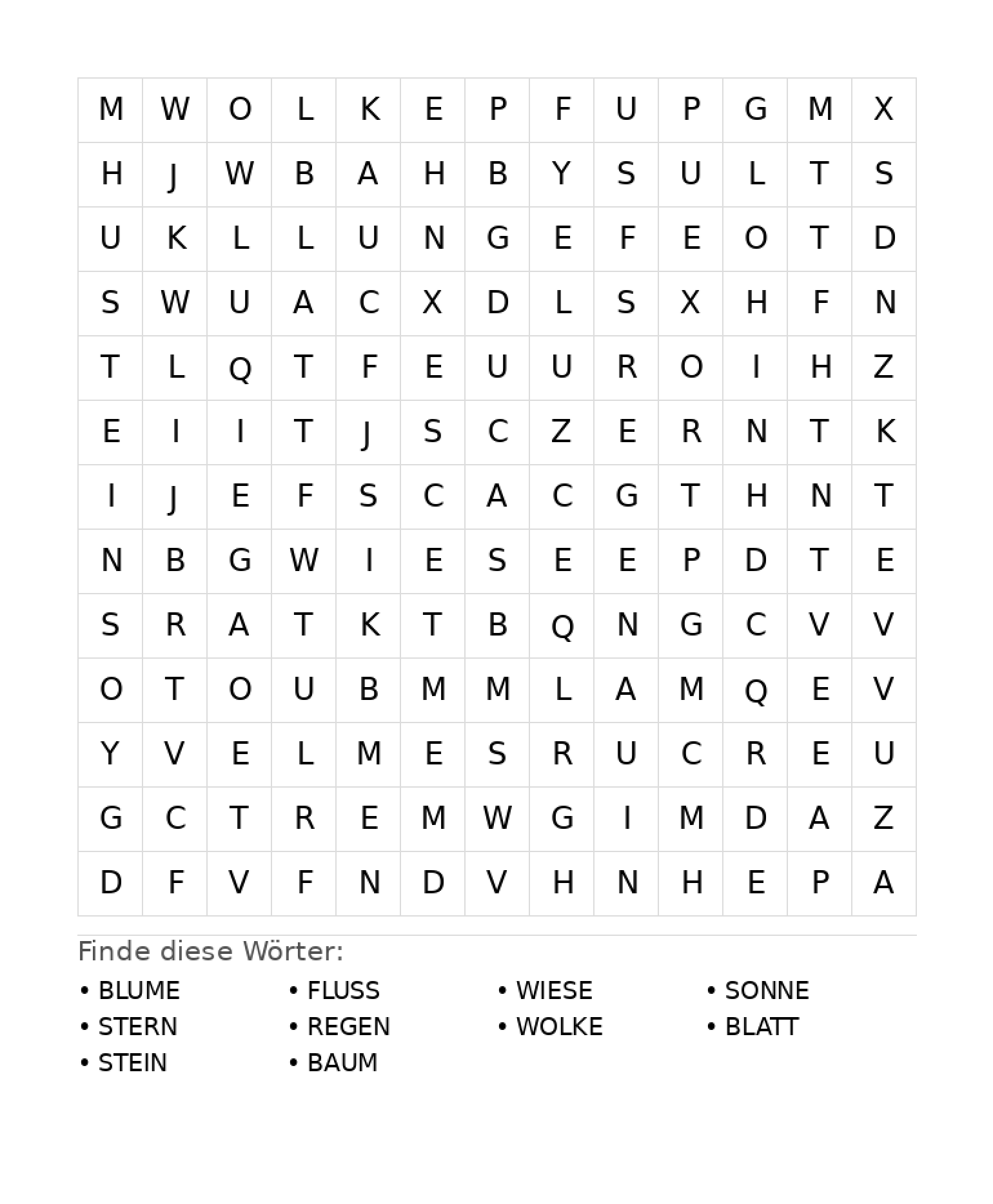 Wortsuchrätsel Wortsuchrätsel: Natur für Grundschule aus der Kategorie Wortsuchrätsel - kostenlos ausdrucken