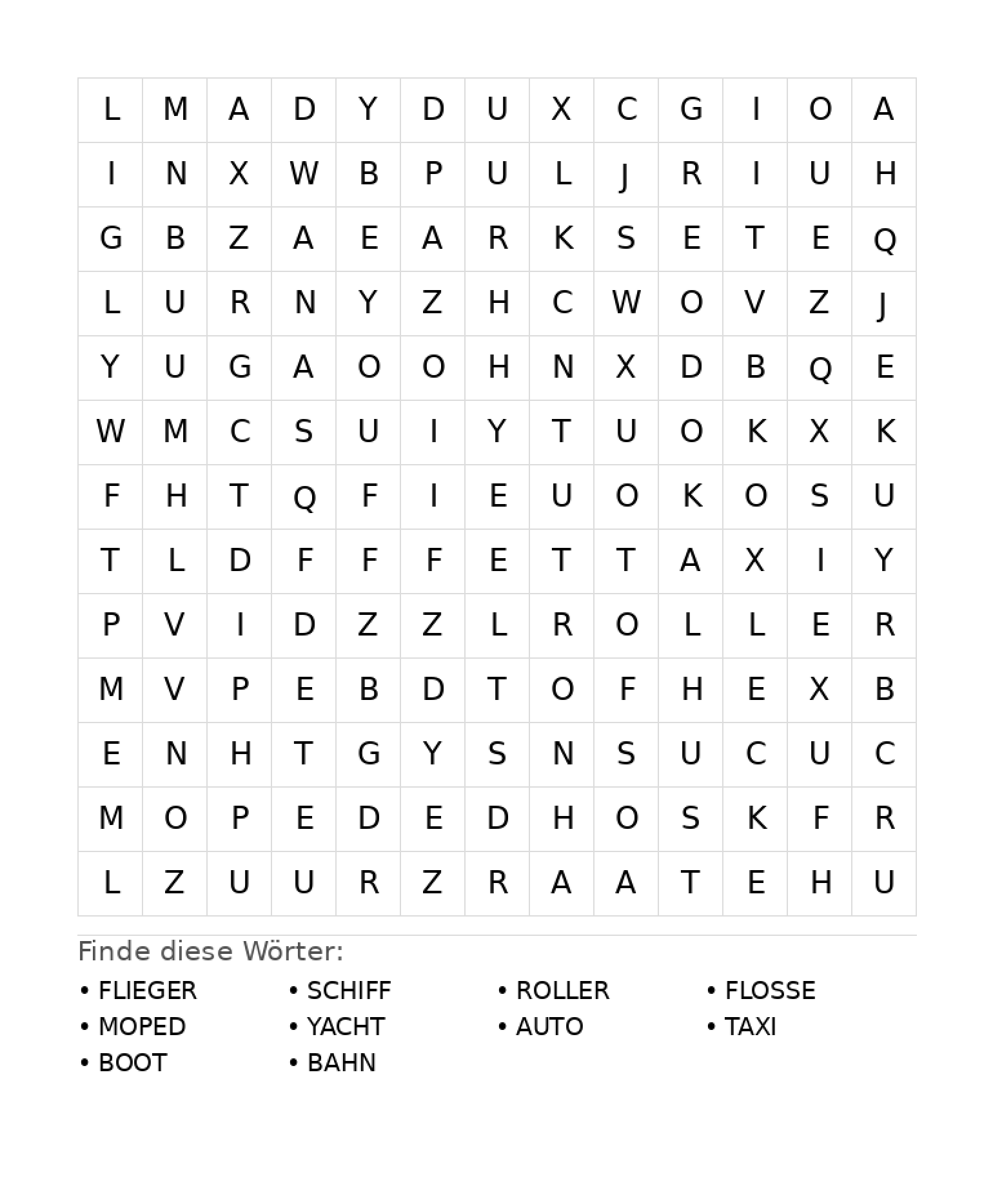 Wortsuchrätsel Wortsuchrätsel: Fahrzeuge für Grundschule aus der Kategorie Wortsuchrätsel - kostenlos ausdrucken