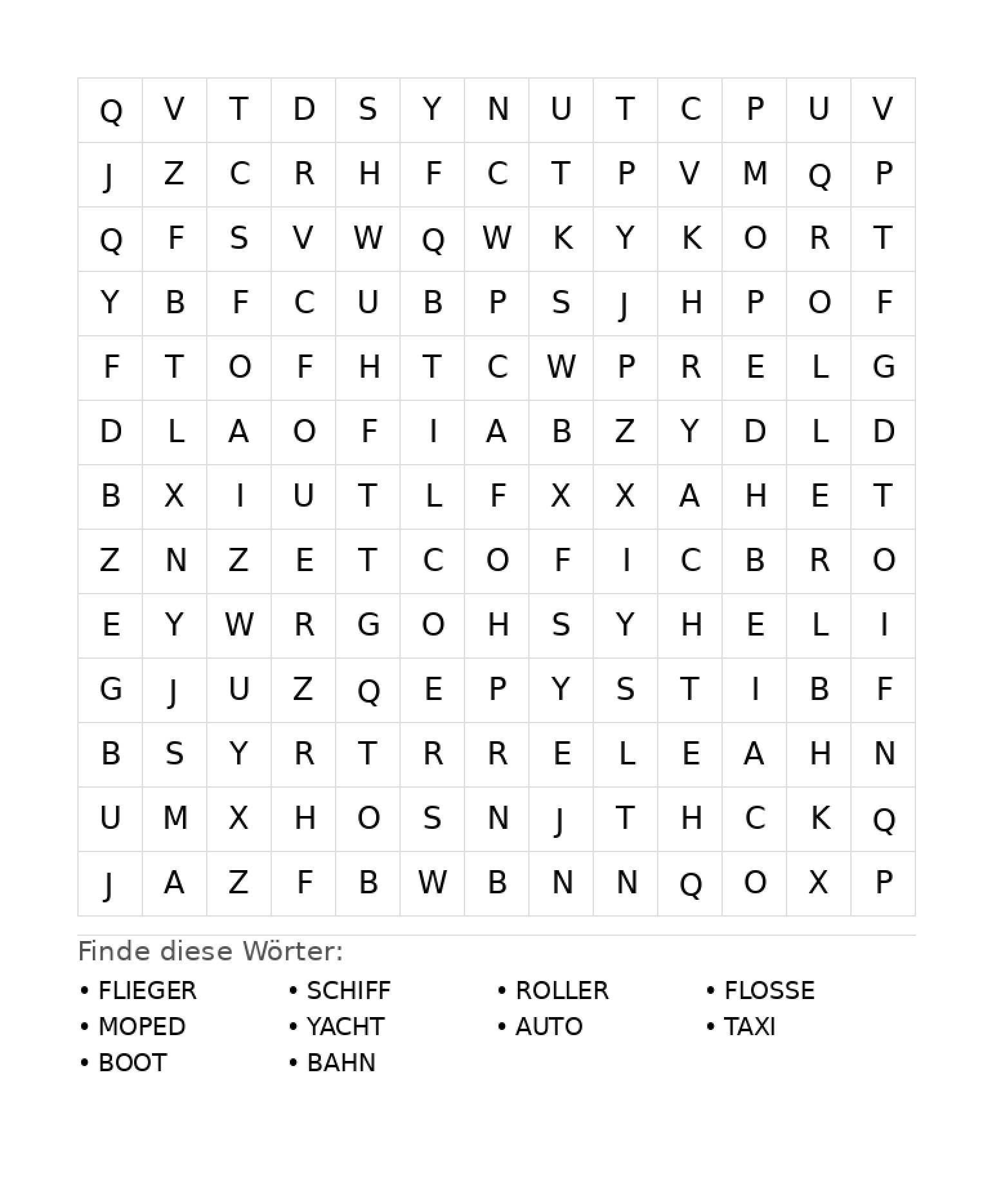Wortsuchrätsel Wortsuchrätsel: Fahrzeuge für Grundschule aus der Kategorie Wortsuchrätsel - kostenlos ausdrucken