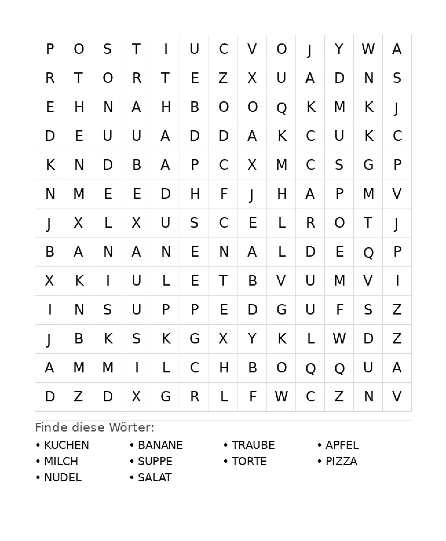 Wortsuchrätsel Wortsuchrätsel: Essen für Grundschule aus der Kategorie Wortsuchrätsel - kostenlos ausdrucken