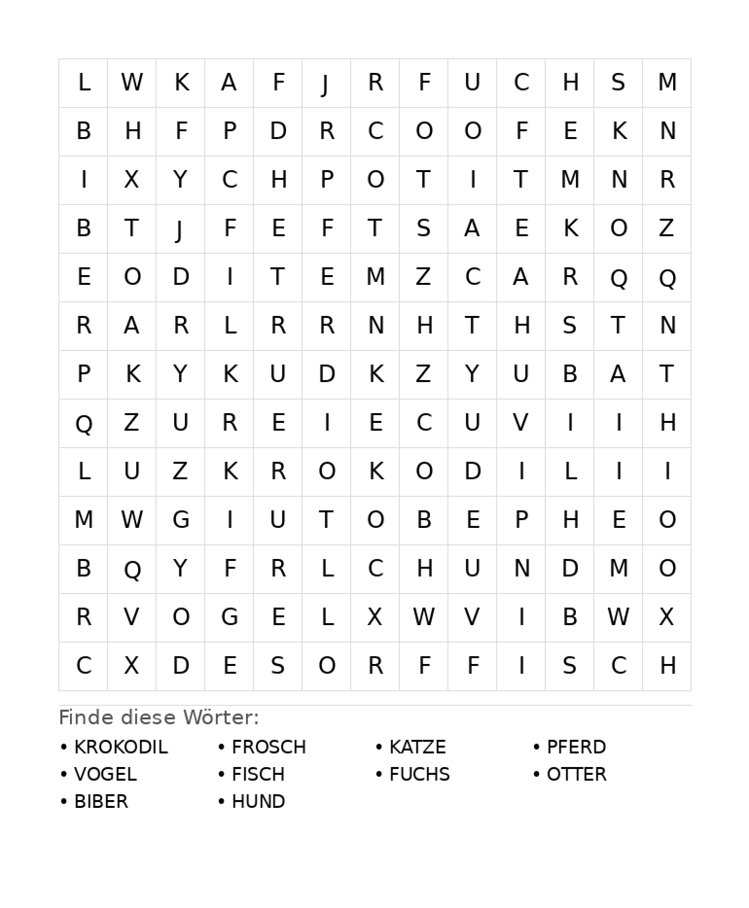 Wortsuchrätsel Wortsuchrätsel: Tiere für Grundschule aus der Kategorie Wortsuchrätsel - kostenlos ausdrucken