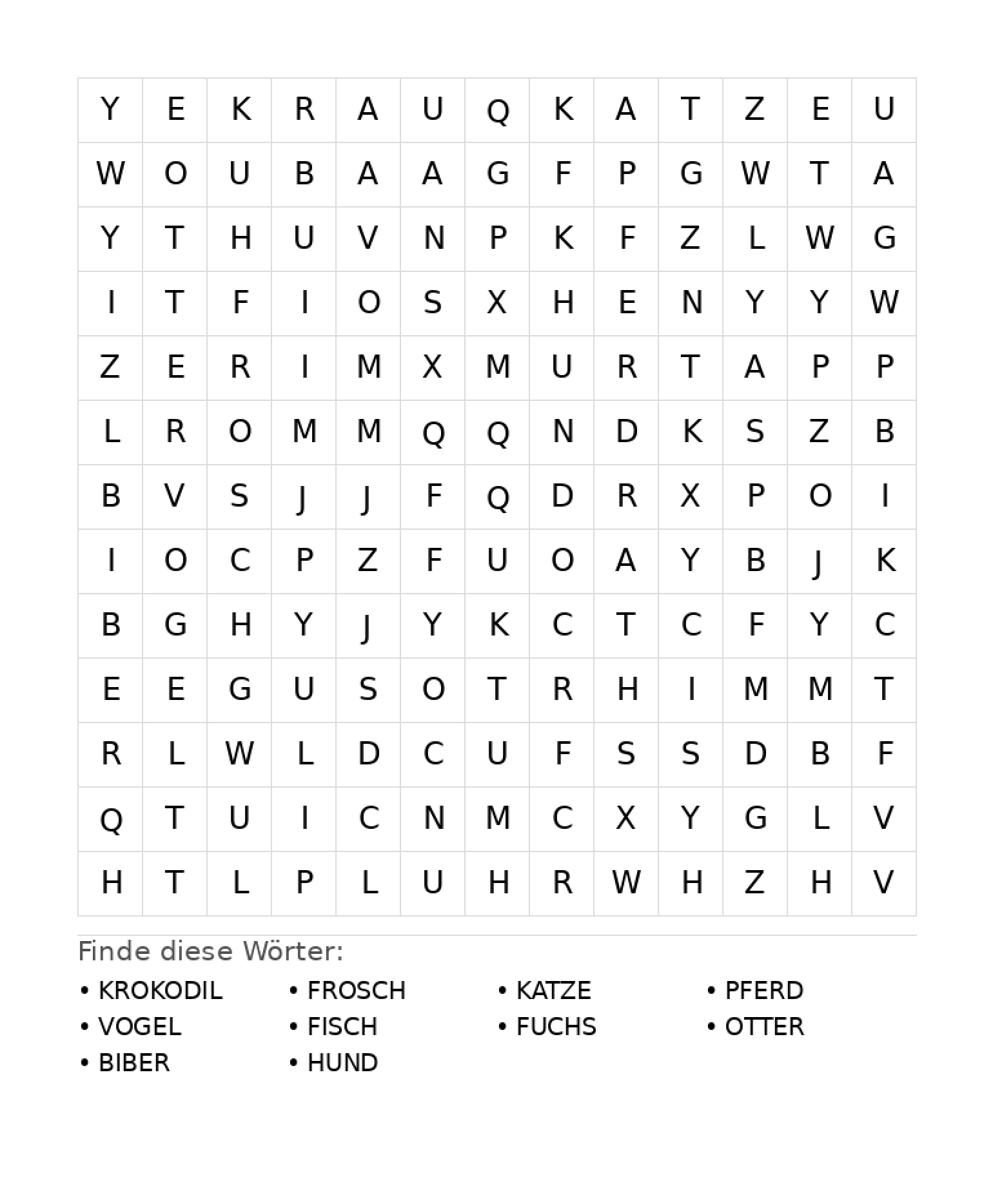 Wortsuchrätsel Wortsuchrätsel: Tiere für Grundschule aus der Kategorie Wortsuchrätsel - kostenlos ausdrucken