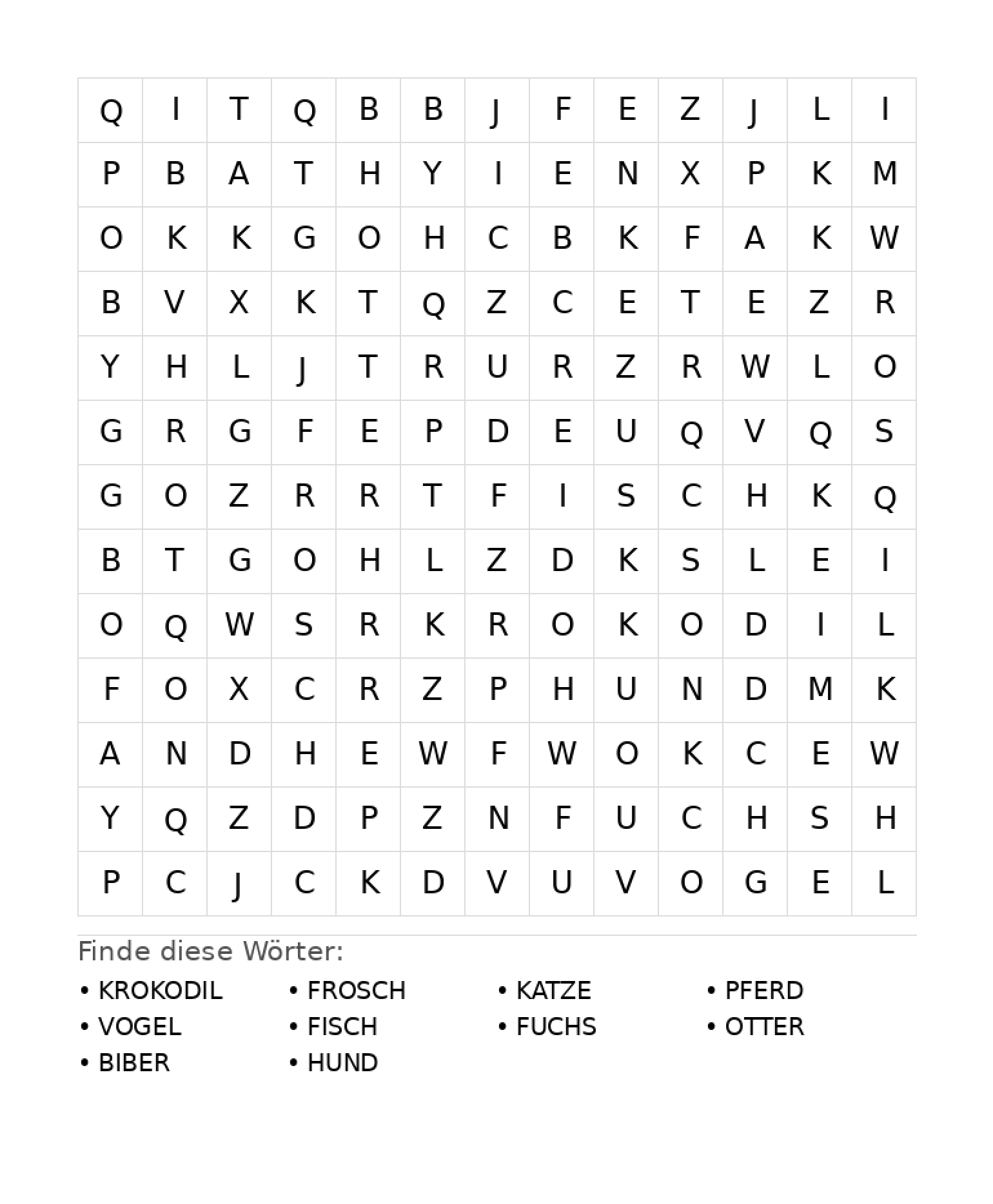 Wortsuchrätsel Wortsuchrätsel: Tiere für Grundschule aus der Kategorie Wortsuchrätsel - kostenlos ausdrucken