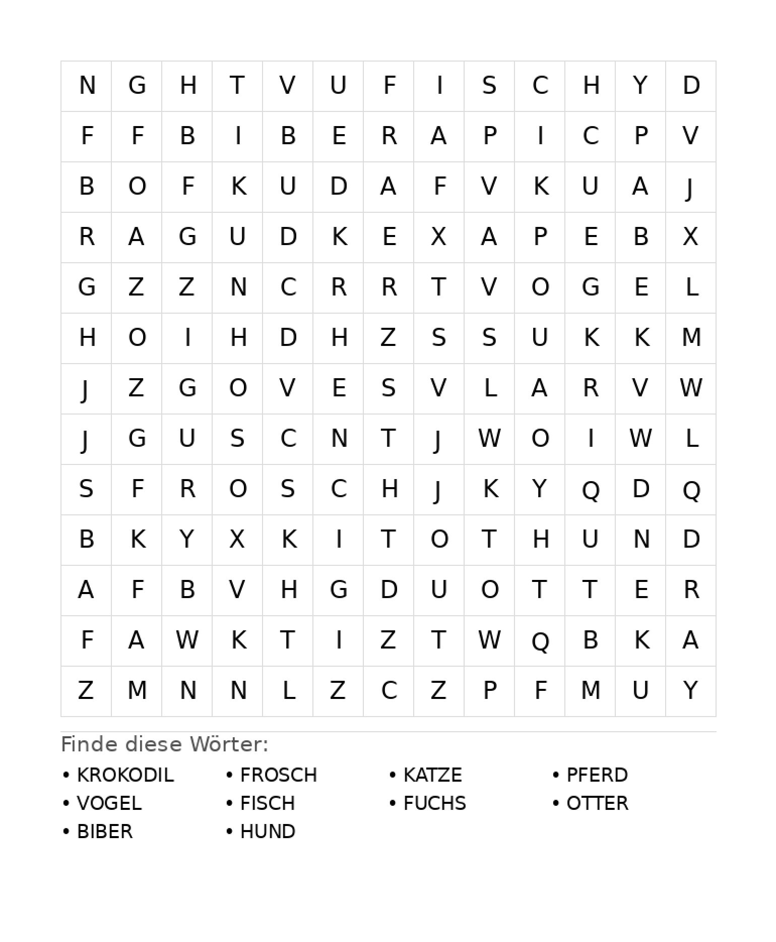 Wortsuchrätsel Wortsuchrätsel: Tiere für Grundschule aus der Kategorie Wortsuchrätsel - kostenlos ausdrucken
