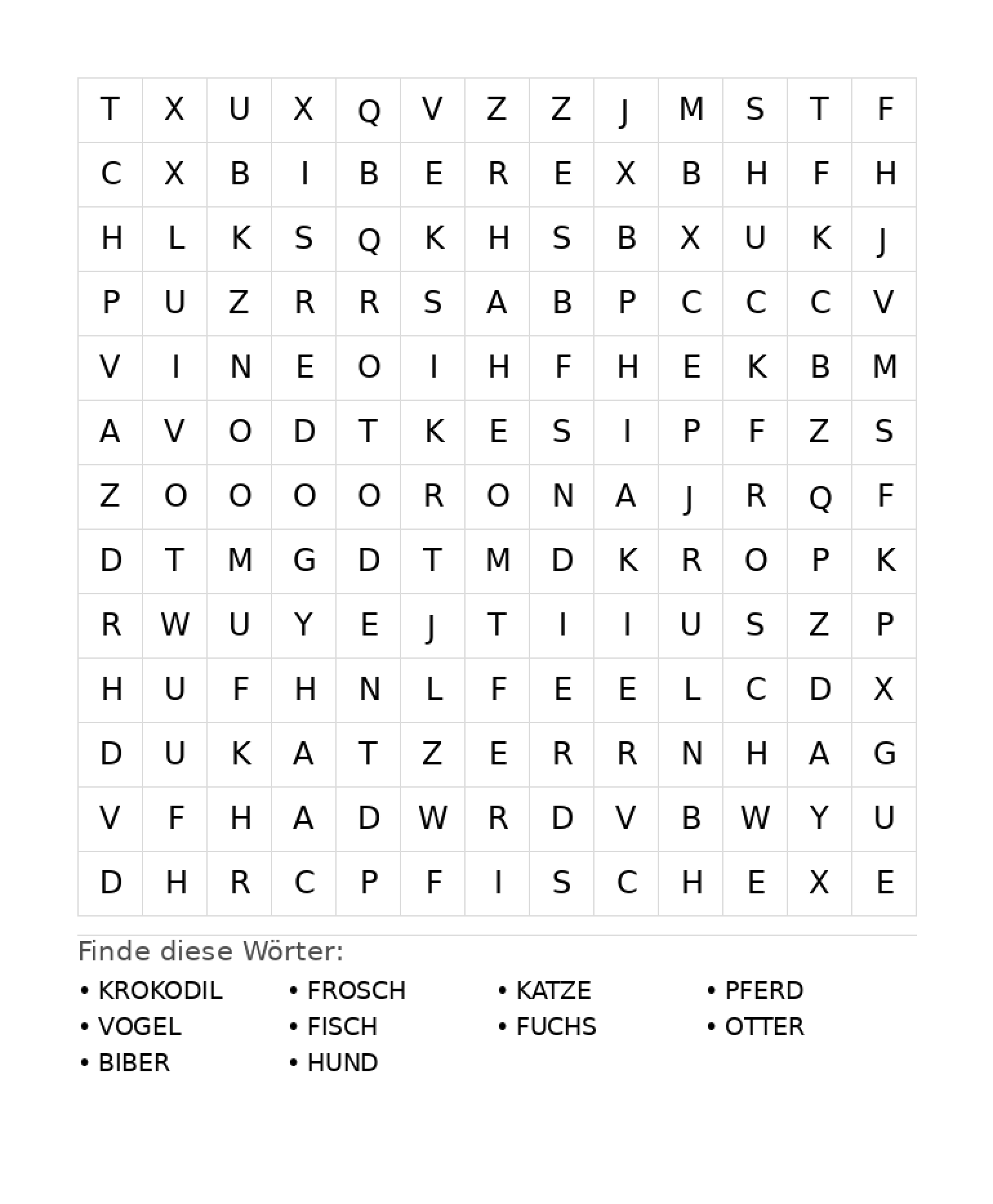 Wortsuchrätsel Wortsuchrätsel: Tiere für Grundschule aus der Kategorie Wortsuchrätsel - kostenlos ausdrucken