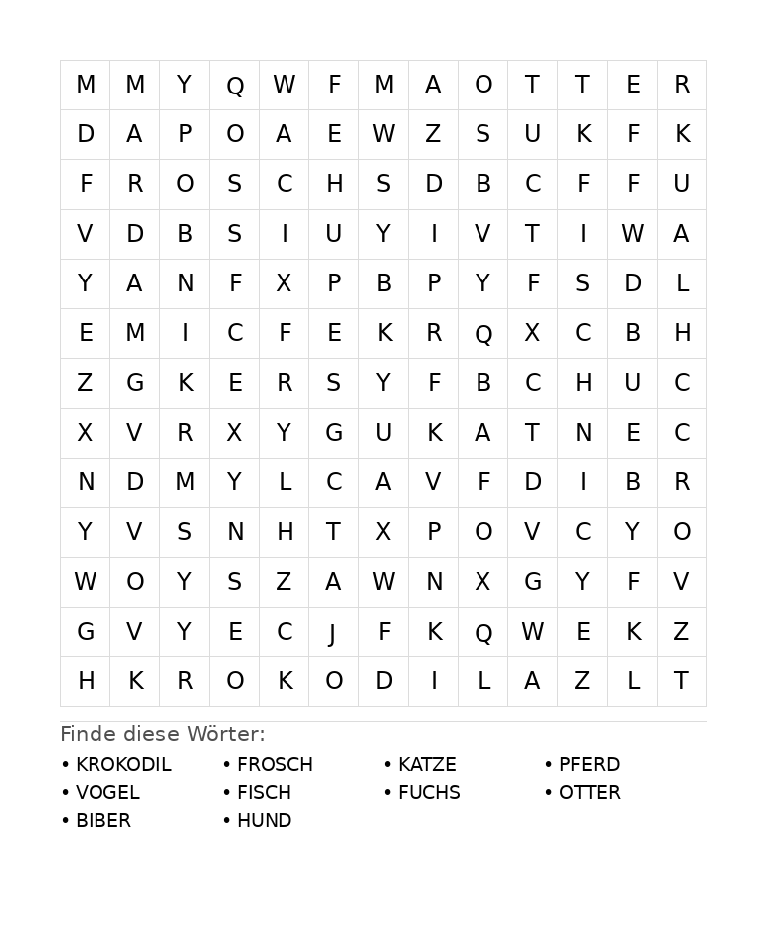 Wortsuchrätsel Wortsuchrätsel: Tiere für Grundschule aus der Kategorie Wortsuchrätsel - kostenlos ausdrucken