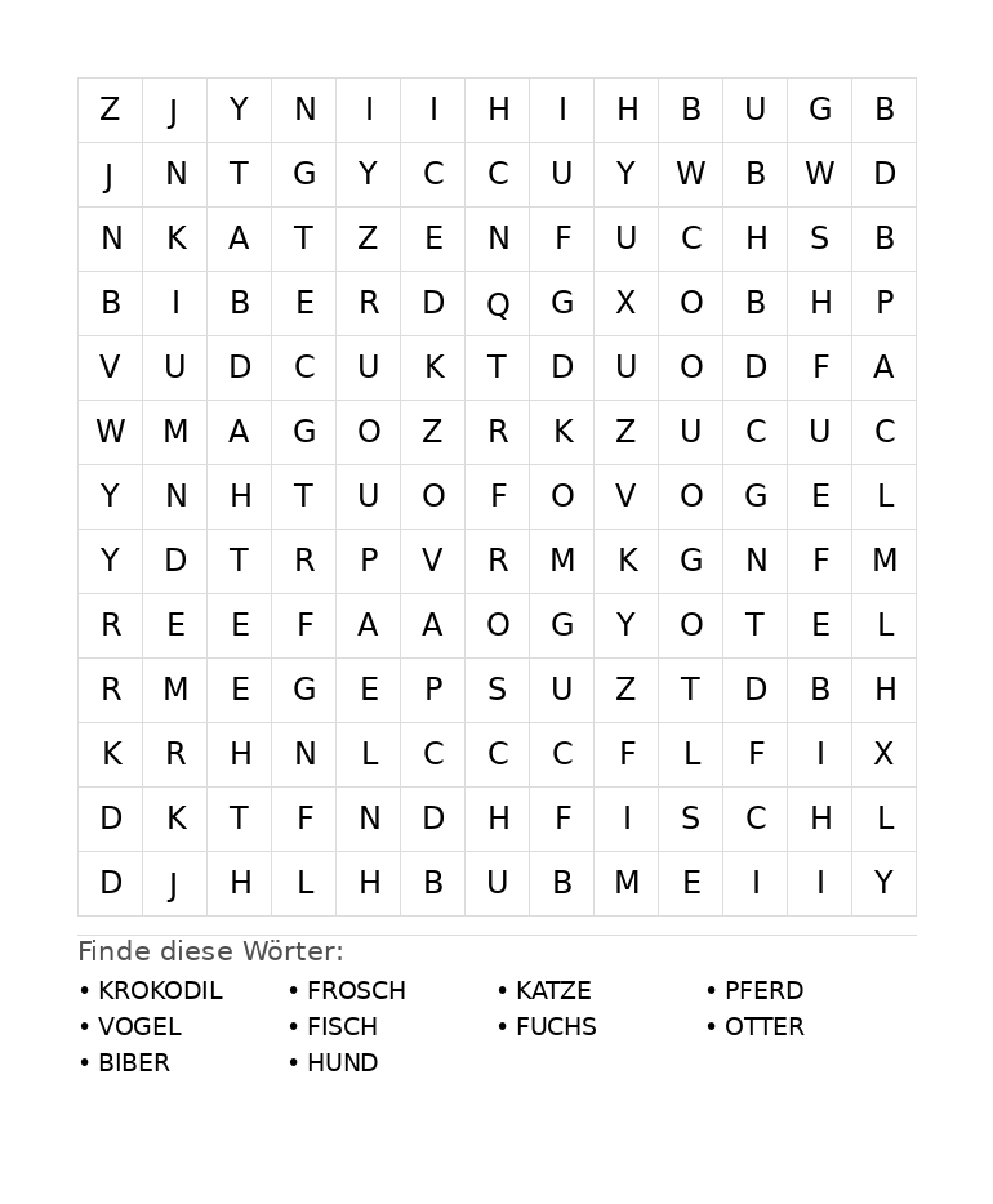 Wortsuchrätsel Wortsuchrätsel: Tiere für Grundschule aus der Kategorie Wortsuchrätsel - kostenlos ausdrucken