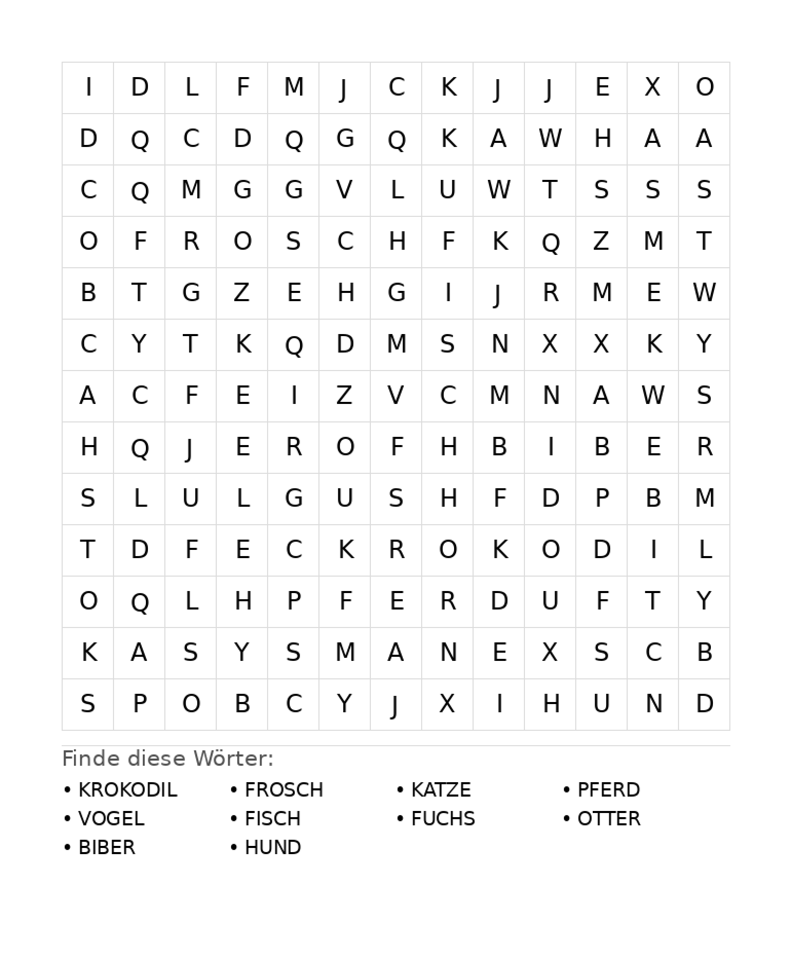 Wortsuchrätsel Wortsuchrätsel: Tiere für Grundschule aus der Kategorie Wortsuchrätsel - kostenlos ausdrucken