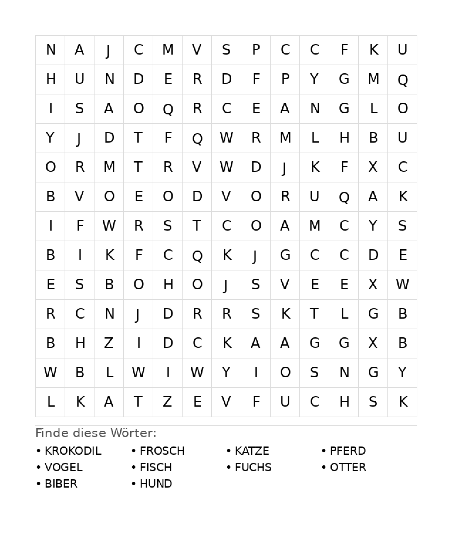 Wortsuchrätsel Wortsuchrätsel: Tiere für Grundschule aus der Kategorie Wortsuchrätsel - kostenlos ausdrucken