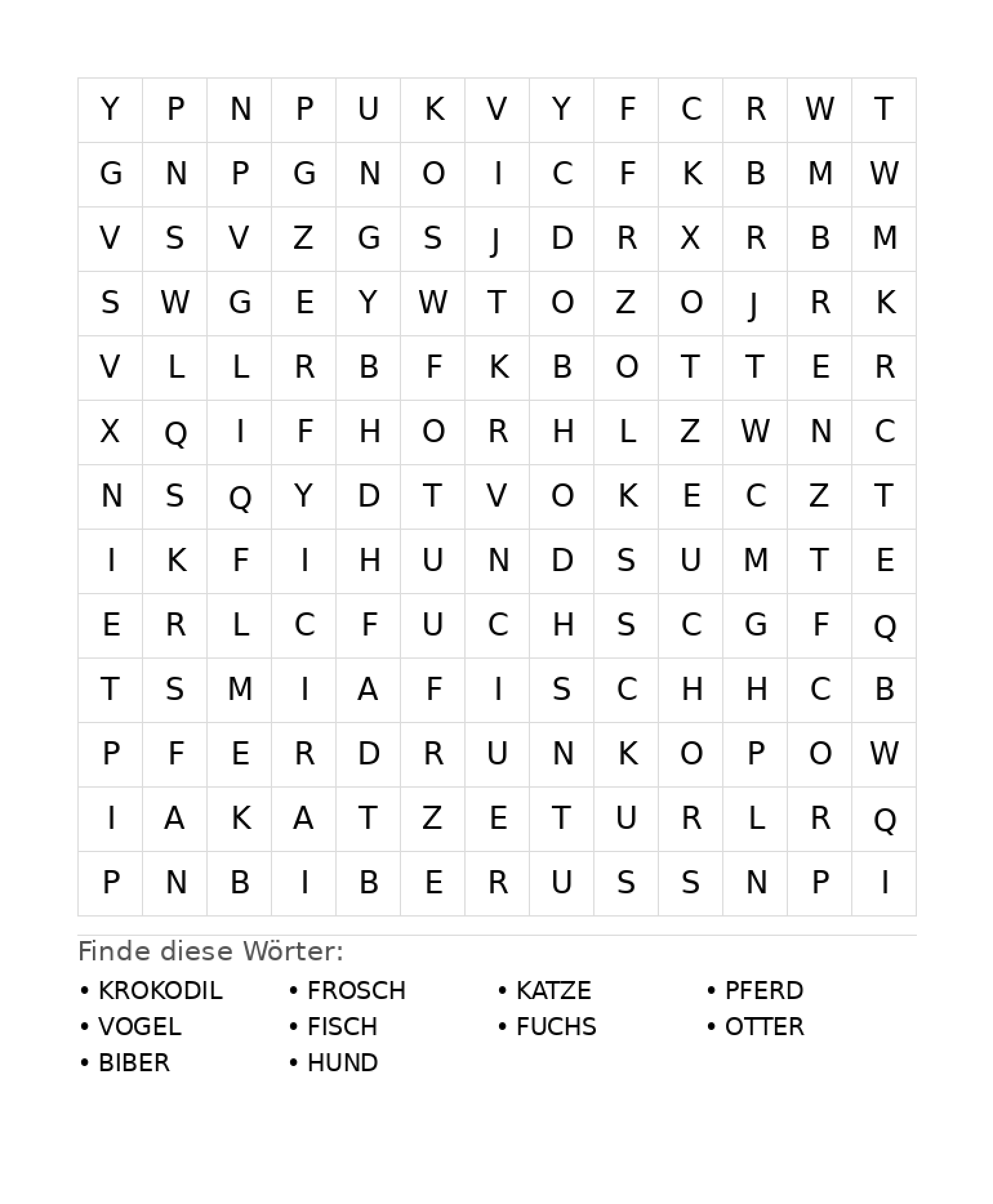 Wortsuchrätsel Wortsuchrätsel: Tiere für Grundschule aus der Kategorie Wortsuchrätsel - kostenlos ausdrucken
