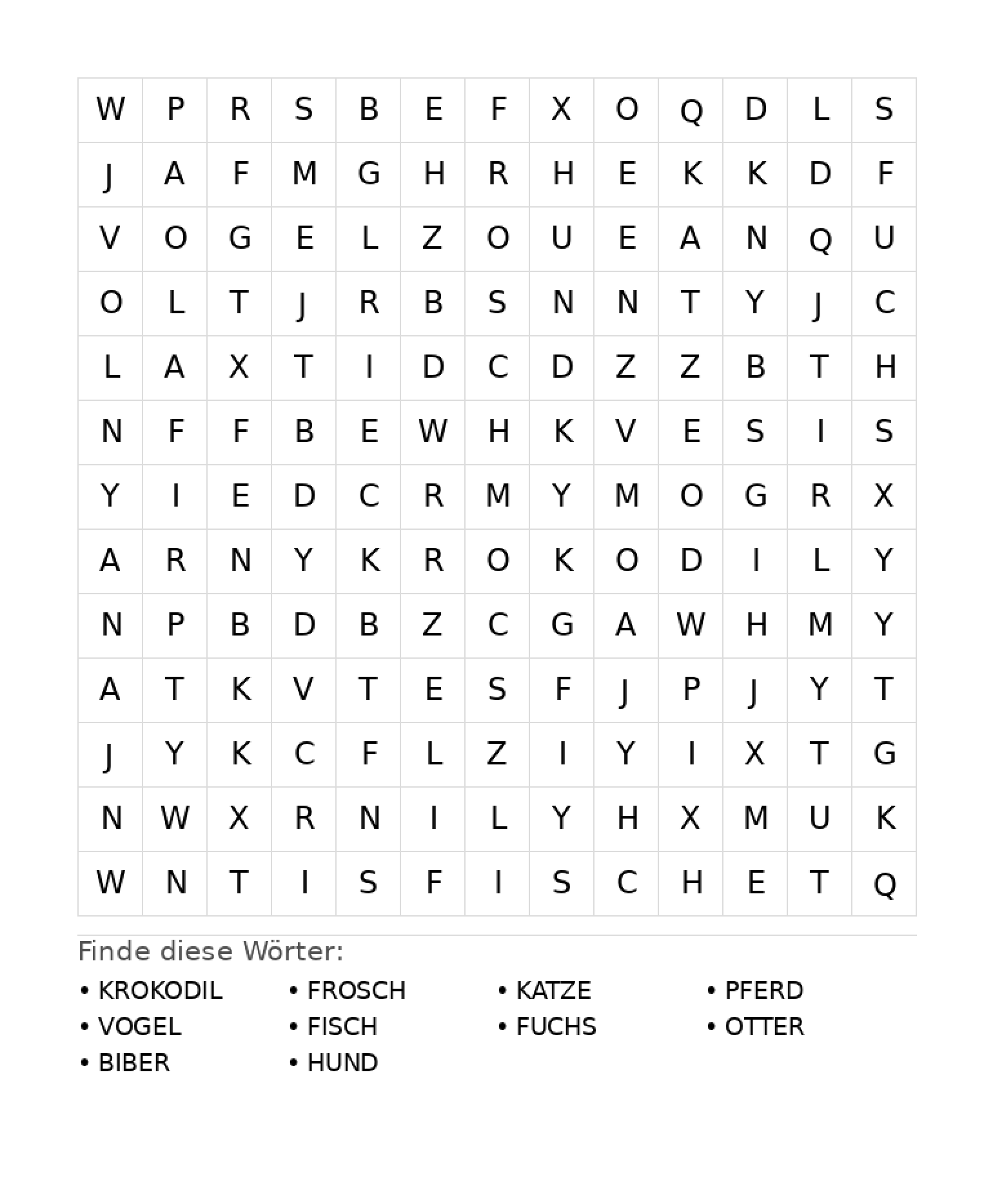 Wortsuchrätsel Wortsuchrätsel: Tiere für Grundschule aus der Kategorie Wortsuchrätsel - kostenlos ausdrucken
