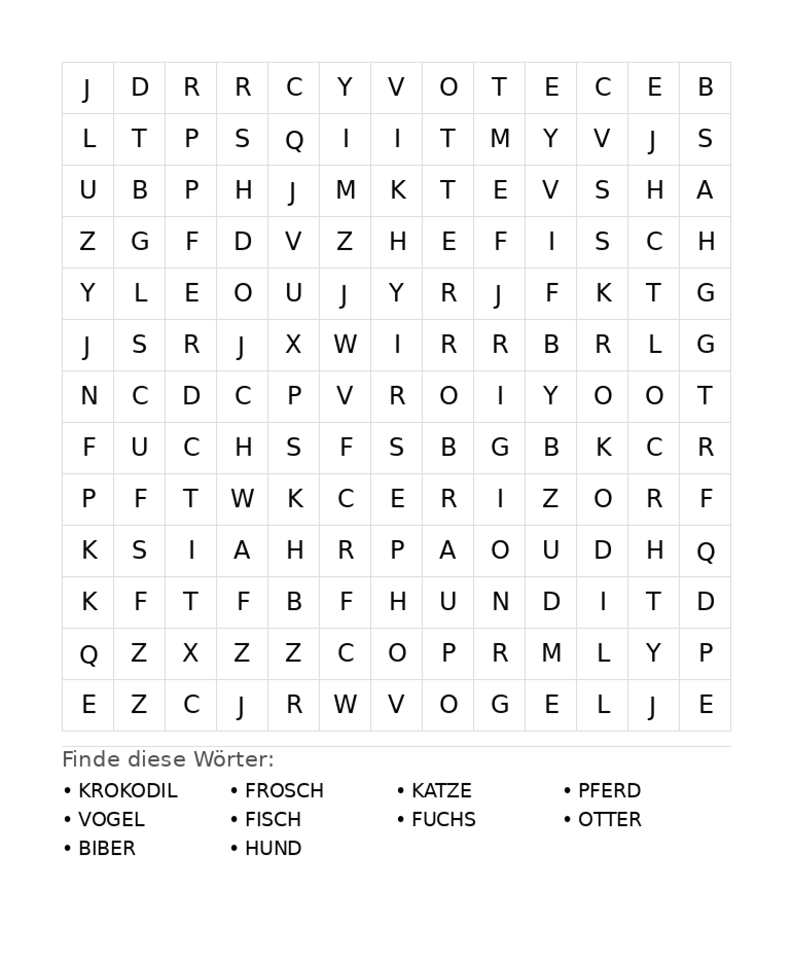 Wortsuchrätsel Wortsuchrätsel: Tiere für Grundschule aus der Kategorie Wortsuchrätsel - kostenlos ausdrucken