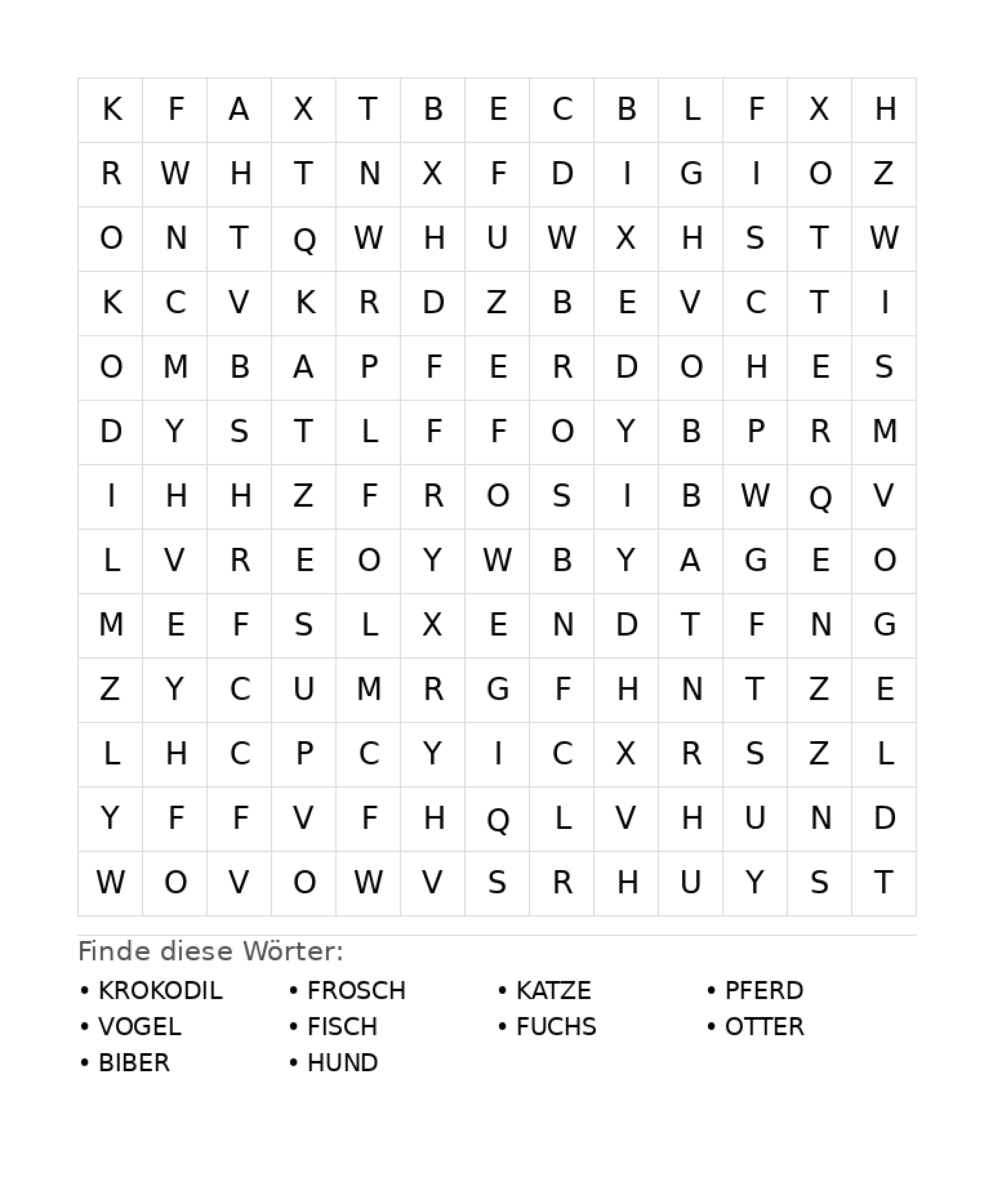 Wortsuchrätsel Wortsuchrätsel: Tiere für Grundschule aus der Kategorie Wortsuchrätsel - kostenlos ausdrucken