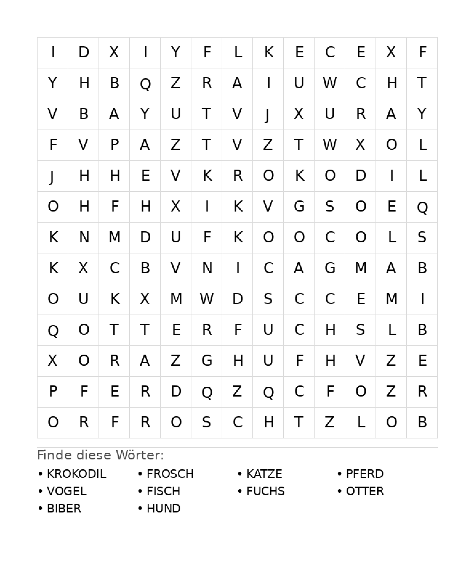 Wortsuchrätsel Wortsuchrätsel: Tiere für Grundschule aus der Kategorie Wortsuchrätsel - kostenlos ausdrucken
