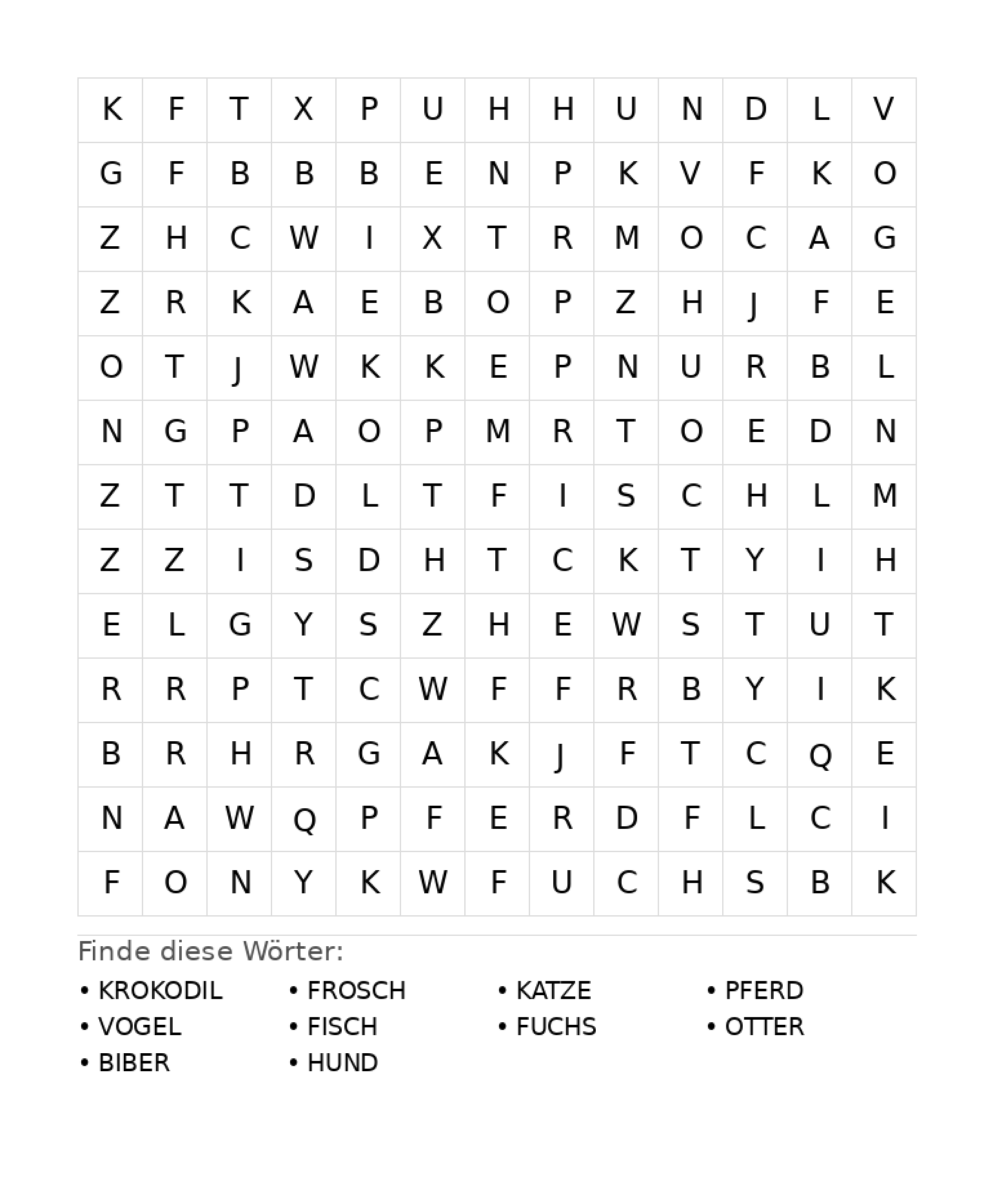 Wortsuchrätsel Wortsuchrätsel: Tiere für Grundschule aus der Kategorie Wortsuchrätsel - kostenlos ausdrucken