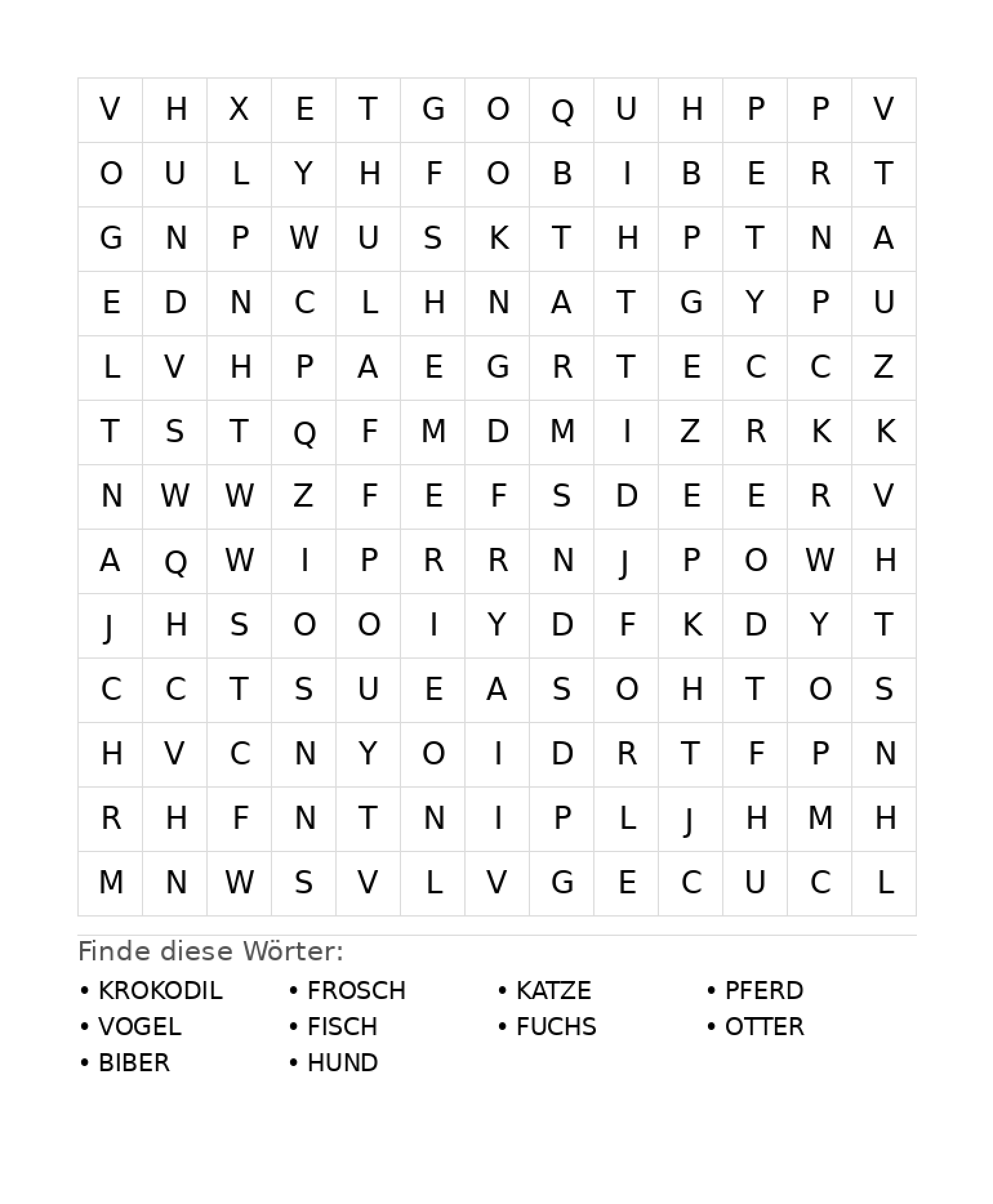 Wortsuchrätsel Wortsuchrätsel: Tiere für Grundschule aus der Kategorie Wortsuchrätsel - kostenlos ausdrucken