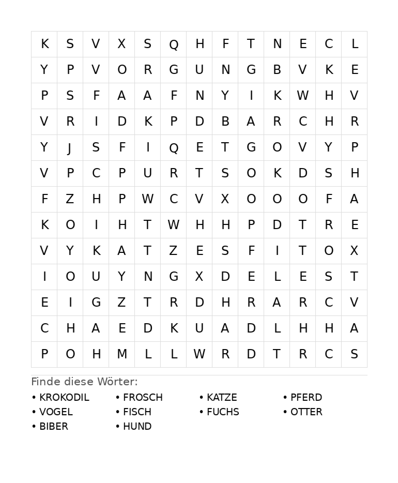 Wortsuchrätsel Wortsuchrätsel: Tiere für Grundschule aus der Kategorie Wortsuchrätsel - kostenlos ausdrucken
