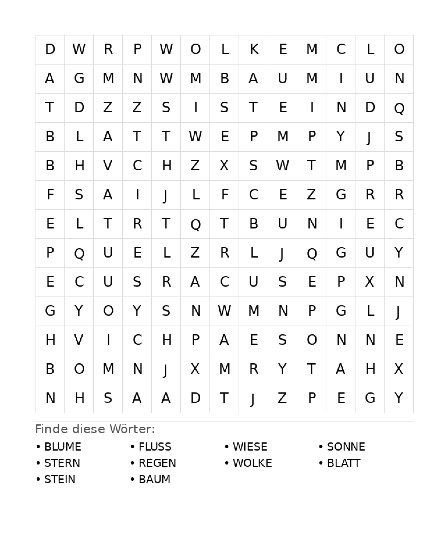 Wortsuchrätsel Wortsuchrätsel: Natur für Grundschule aus der Kategorie Wortsuchrätsel - kostenlos ausdrucken