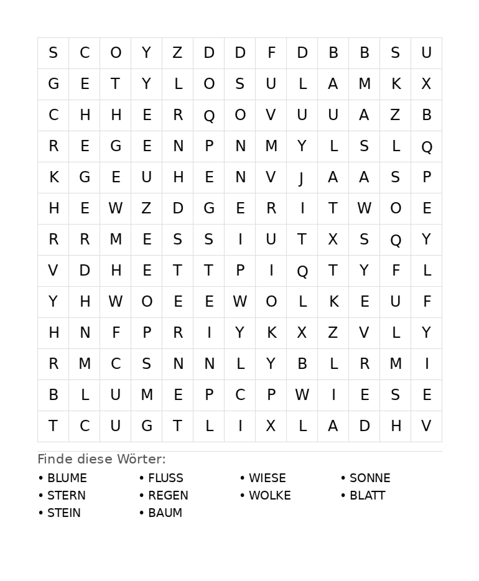 Wortsuchrätsel Wortsuchrätsel: Natur für Grundschule aus der Kategorie Wortsuchrätsel - kostenlos ausdrucken