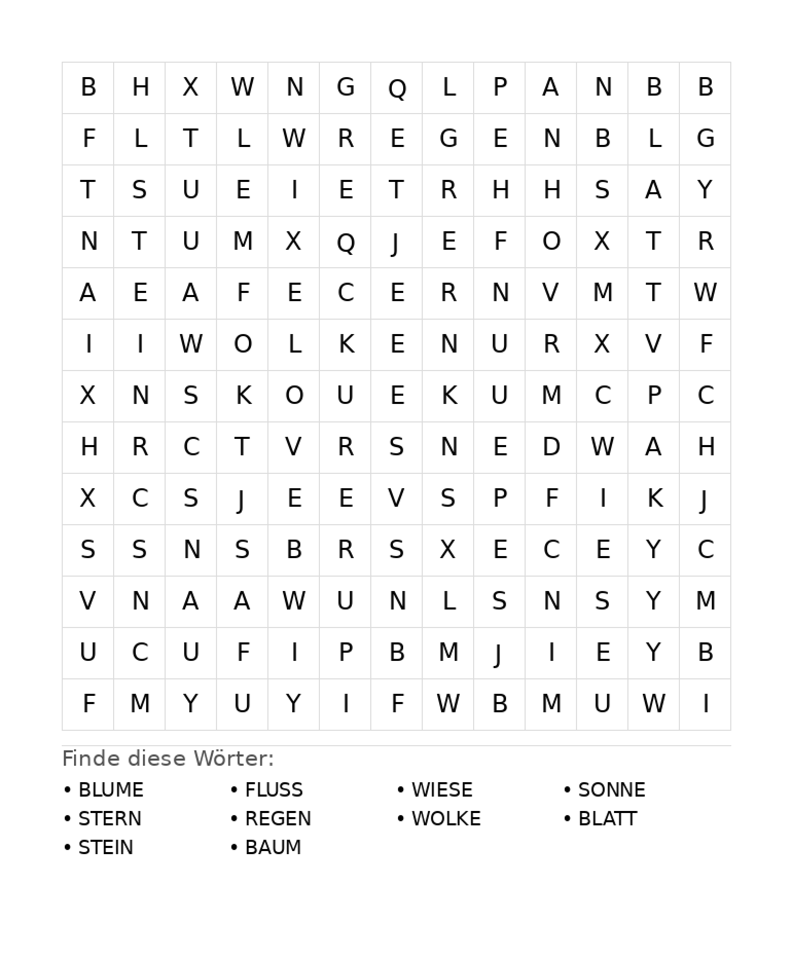 Wortsuchrätsel Wortsuchrätsel: Natur für Grundschule aus der Kategorie Wortsuchrätsel - kostenlos ausdrucken