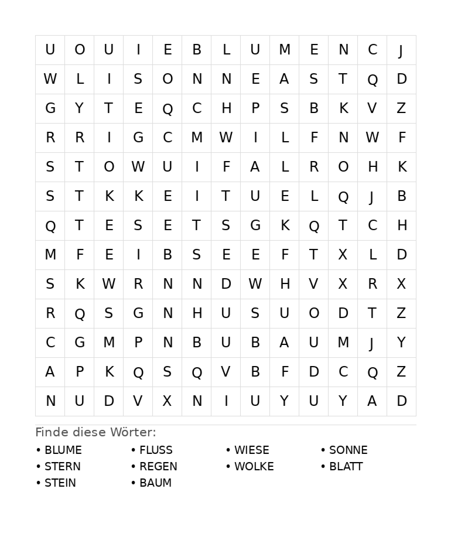 Wortsuchrätsel Wortsuchrätsel: Natur für Grundschule aus der Kategorie Wortsuchrätsel - kostenlos ausdrucken