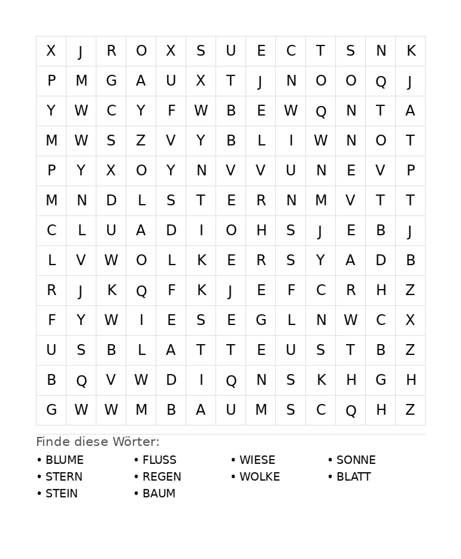 Wortsuchrätsel Wortsuchrätsel: Natur für Grundschule aus der Kategorie Wortsuchrätsel - kostenlos ausdrucken