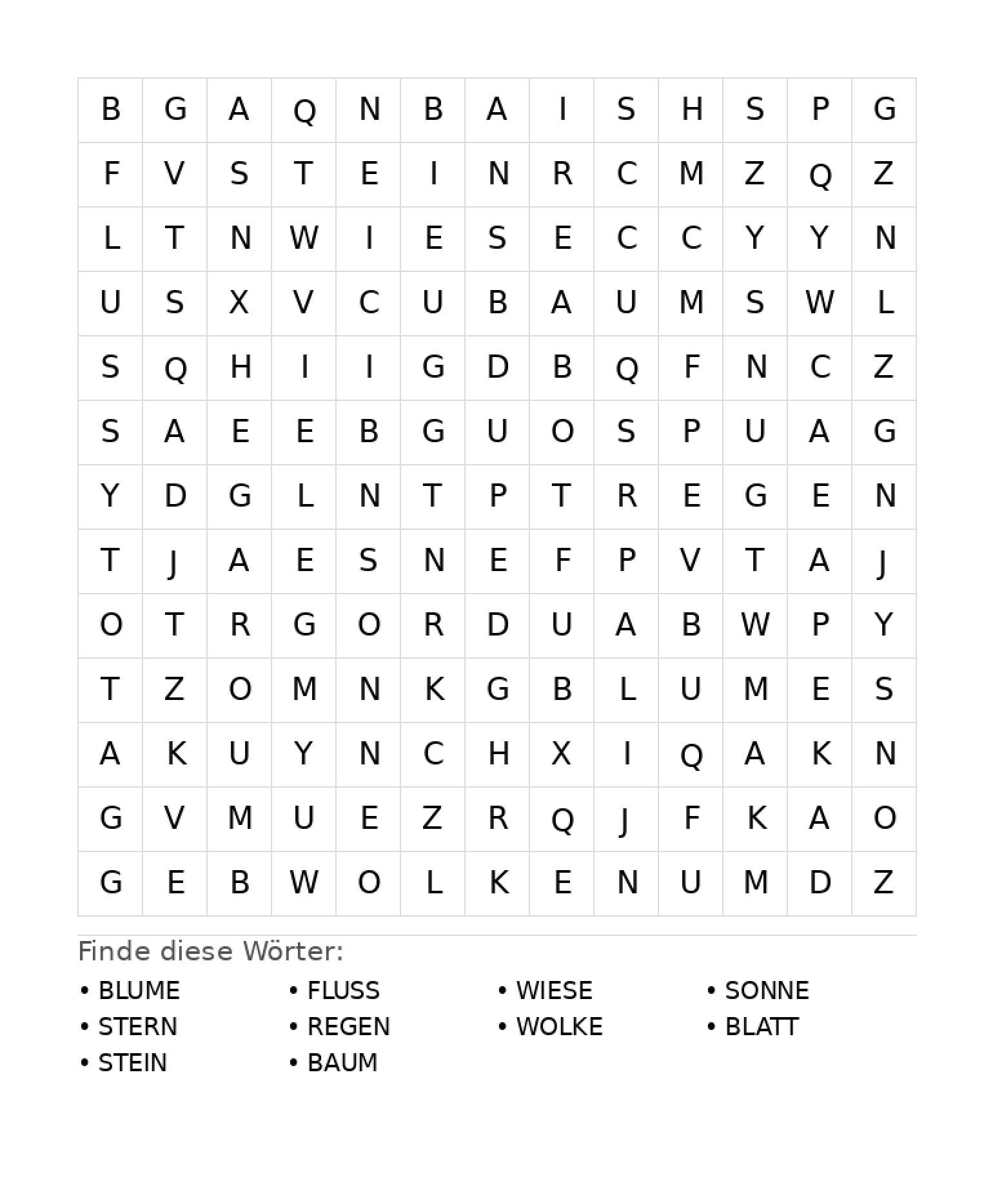 Wortsuchrätsel Wortsuchrätsel: Natur für Grundschule aus der Kategorie Wortsuchrätsel - kostenlos ausdrucken