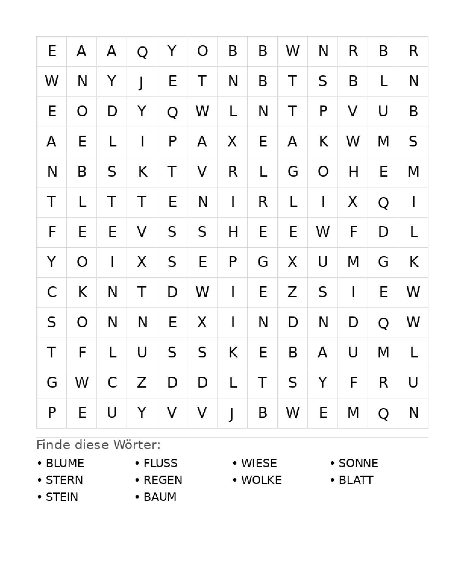 Wortsuchrätsel Wortsuchrätsel: Natur für Grundschule aus der Kategorie Wortsuchrätsel - kostenlos ausdrucken