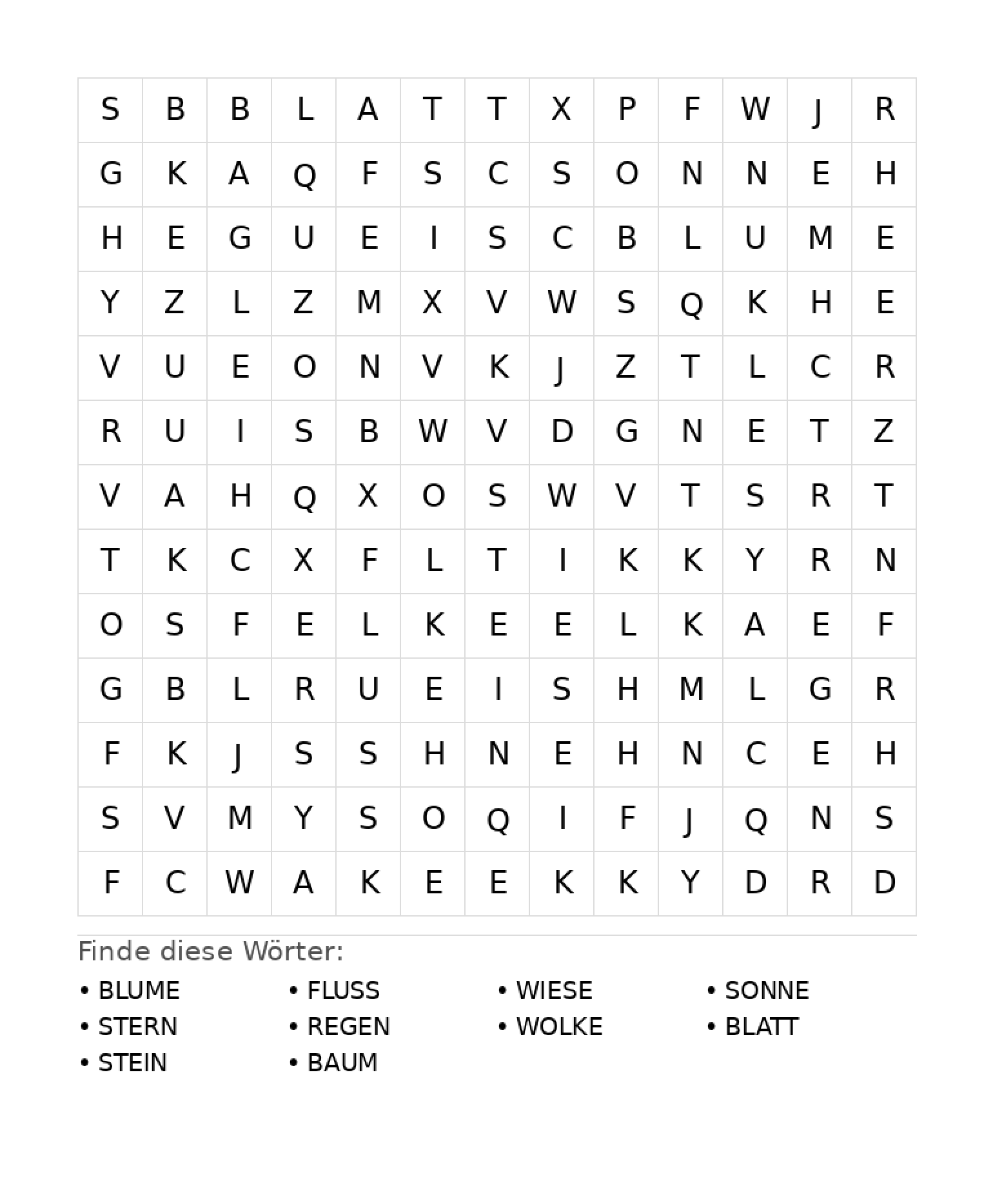 Wortsuchrätsel Wortsuchrätsel: Natur für Grundschule aus der Kategorie Wortsuchrätsel - kostenlos ausdrucken