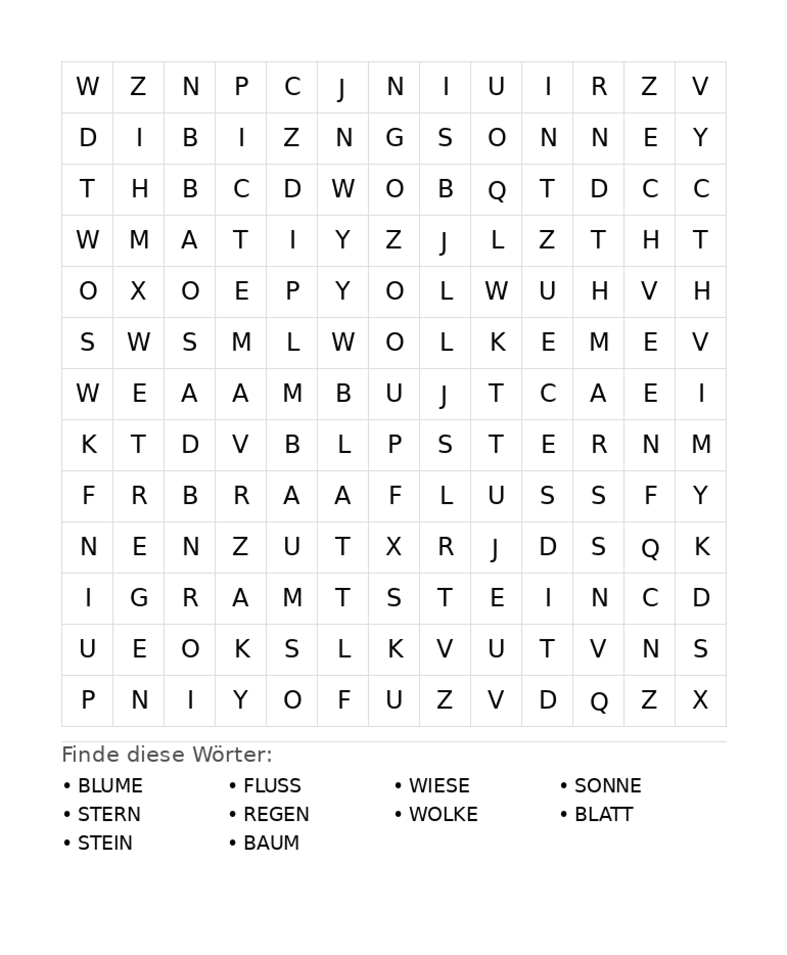 Wortsuchrätsel Wortsuchrätsel: Natur für Grundschule aus der Kategorie Wortsuchrätsel - kostenlos ausdrucken
