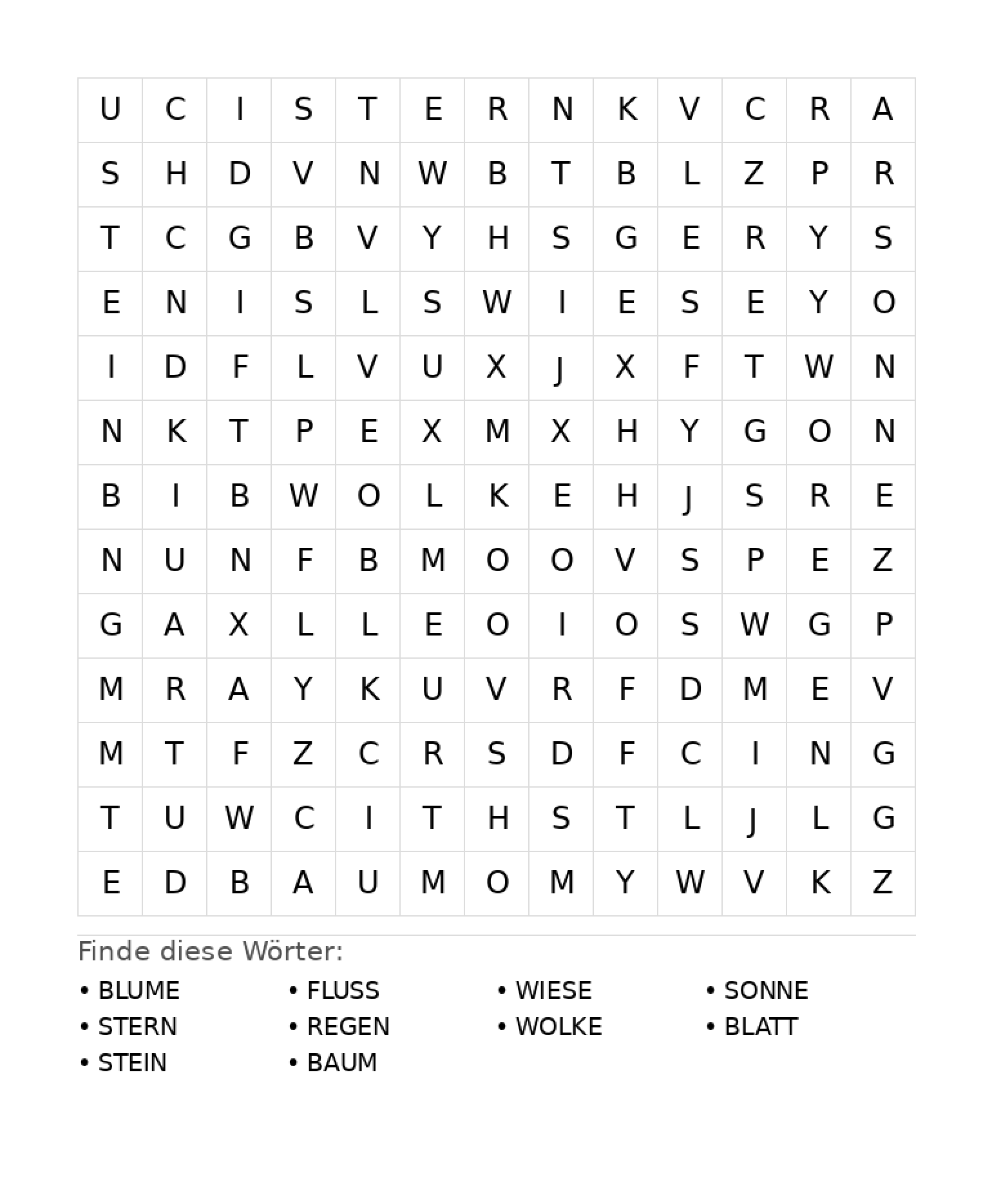 Wortsuchrätsel Wortsuchrätsel: Natur für Grundschule aus der Kategorie Wortsuchrätsel - kostenlos ausdrucken