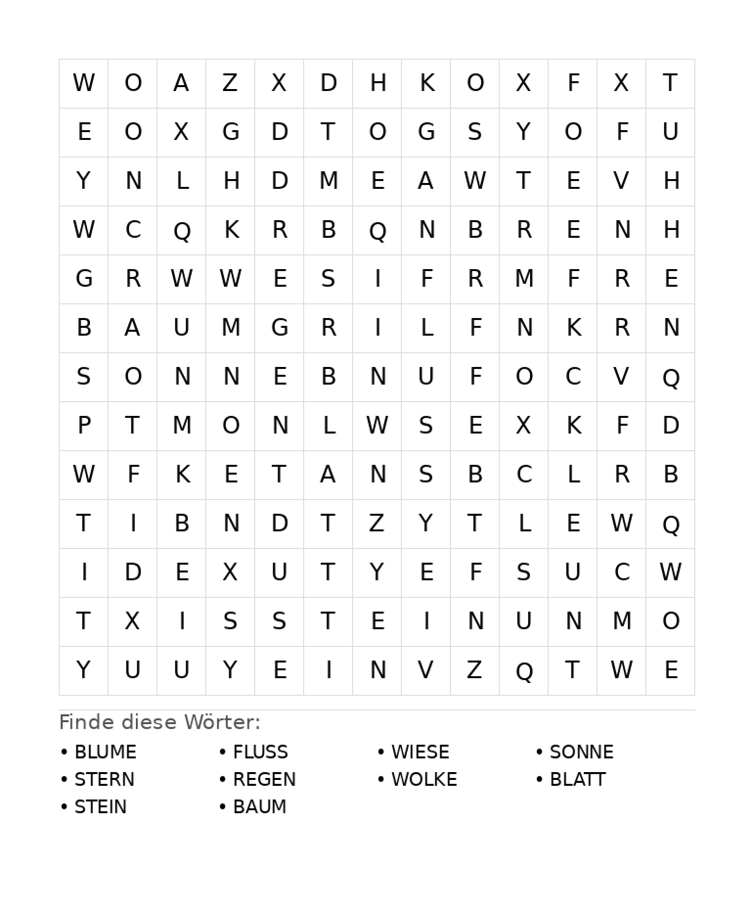 Wortsuchrätsel Wortsuchrätsel: Natur für Grundschule aus der Kategorie Wortsuchrätsel - kostenlos ausdrucken
