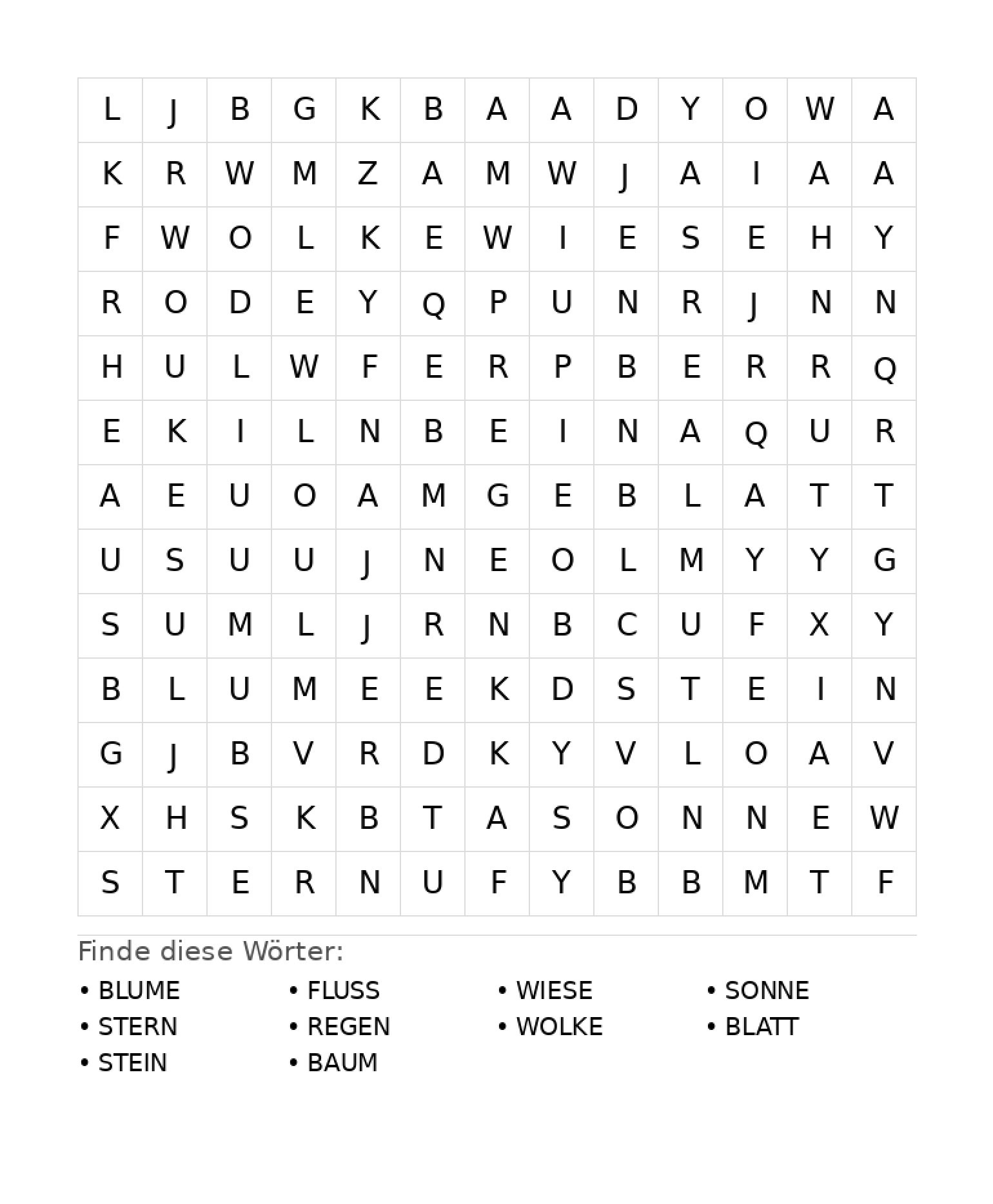 Wortsuchrätsel Wortsuchrätsel: Natur für Grundschule aus der Kategorie Wortsuchrätsel - kostenlos ausdrucken