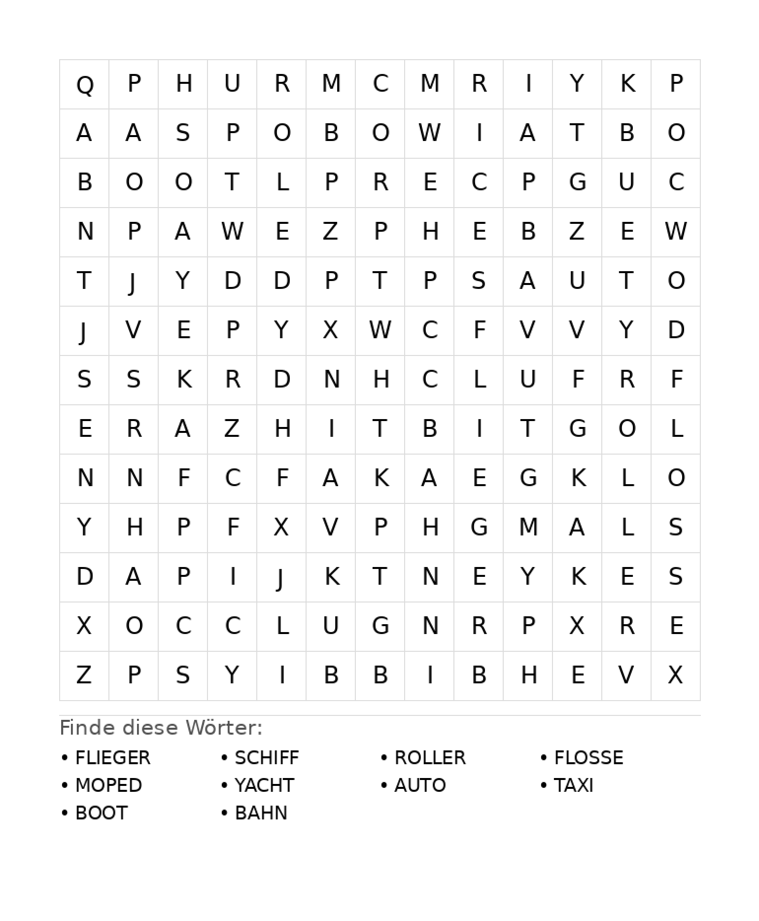 Wortsuchrätsel Wortsuchrätsel: Fahrzeuge für Grundschule aus der Kategorie Wortsuchrätsel - kostenlos ausdrucken
