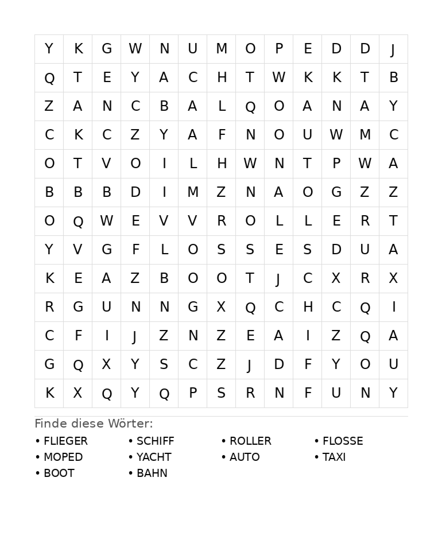 Wortsuchrätsel Wortsuchrätsel: Fahrzeuge für Grundschule aus der Kategorie Wortsuchrätsel - kostenlos ausdrucken