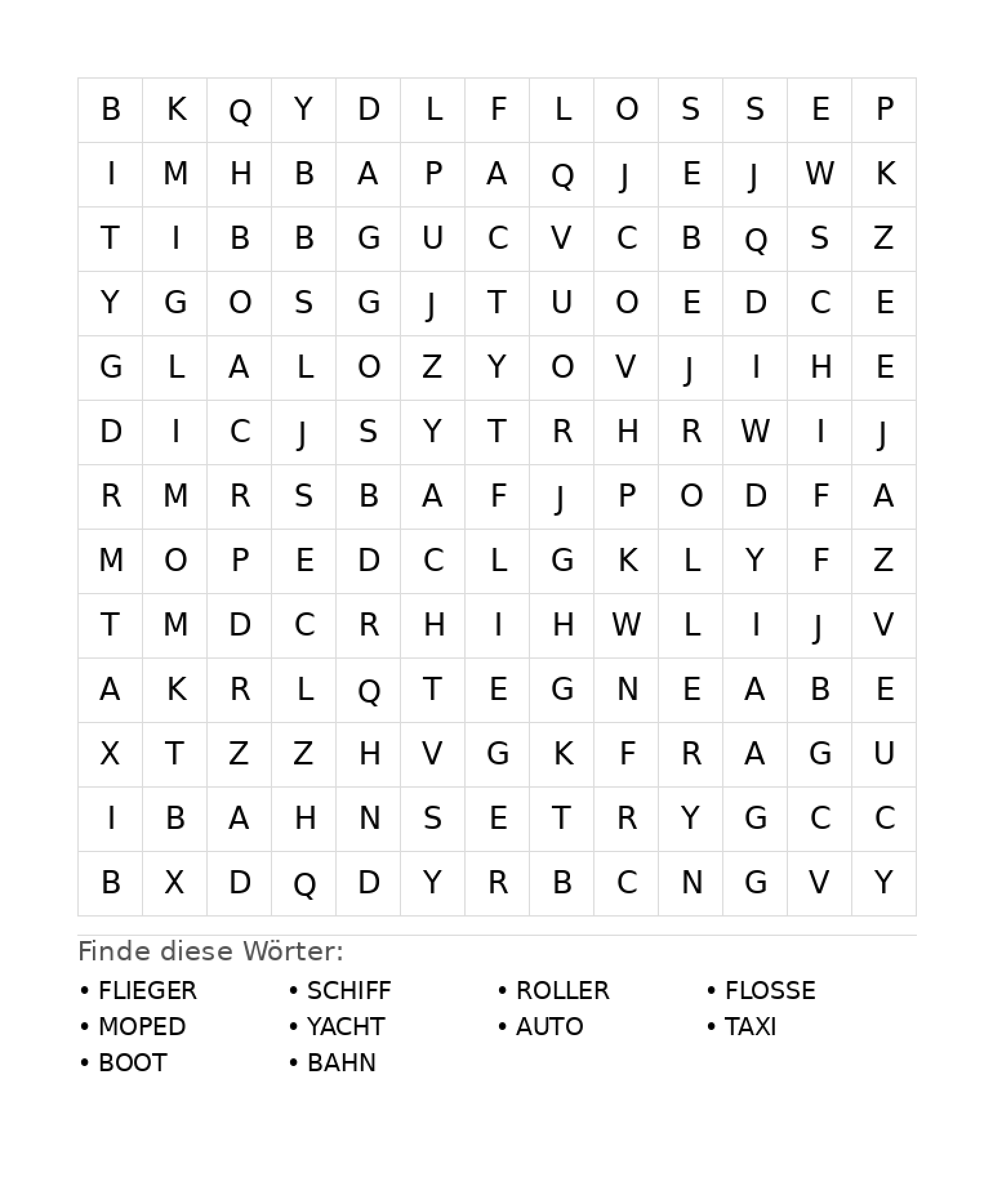 Wortsuchrätsel Wortsuchrätsel: Fahrzeuge für Grundschule aus der Kategorie Wortsuchrätsel - kostenlos ausdrucken