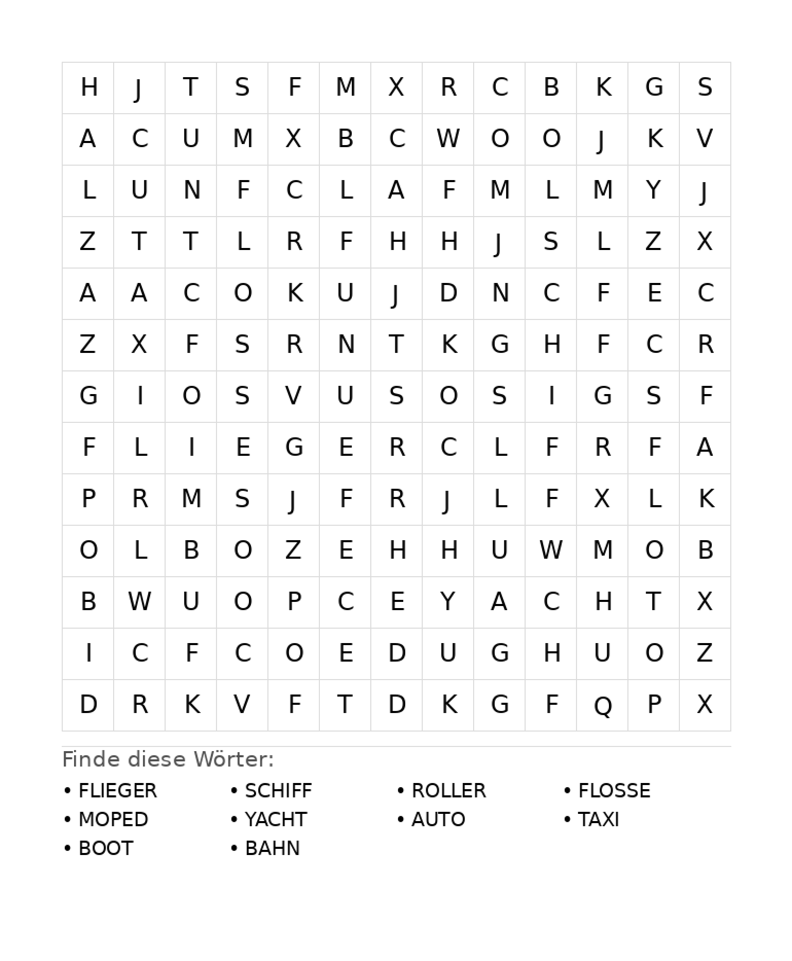 Wortsuchrätsel Wortsuchrätsel: Fahrzeuge für Grundschule aus der Kategorie Wortsuchrätsel - kostenlos ausdrucken