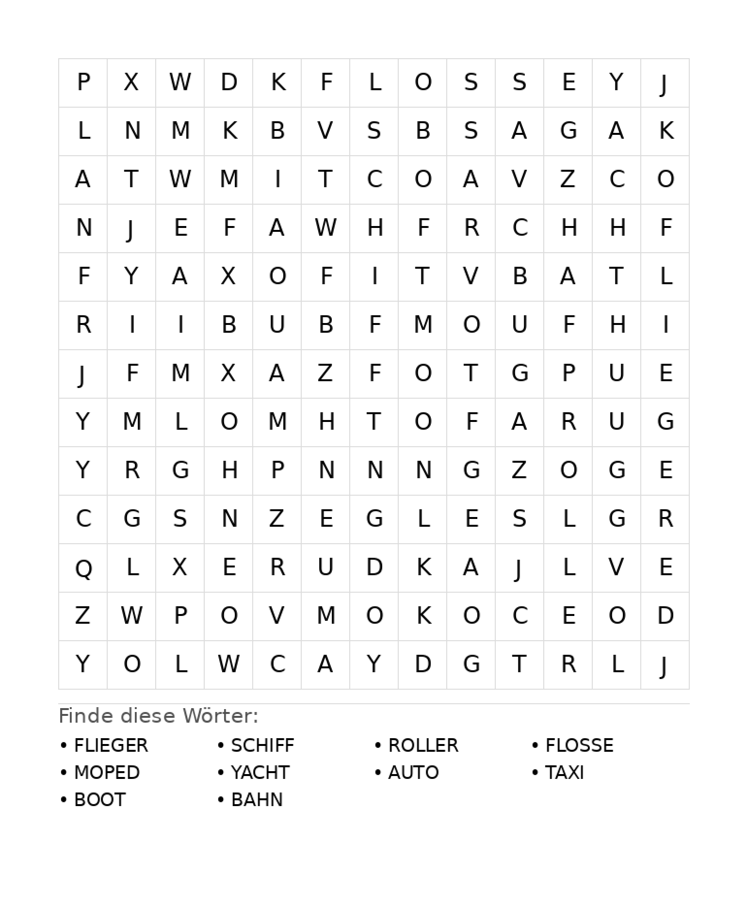 Wortsuchrätsel Wortsuchrätsel: Fahrzeuge für Grundschule aus der Kategorie Wortsuchrätsel - kostenlos ausdrucken