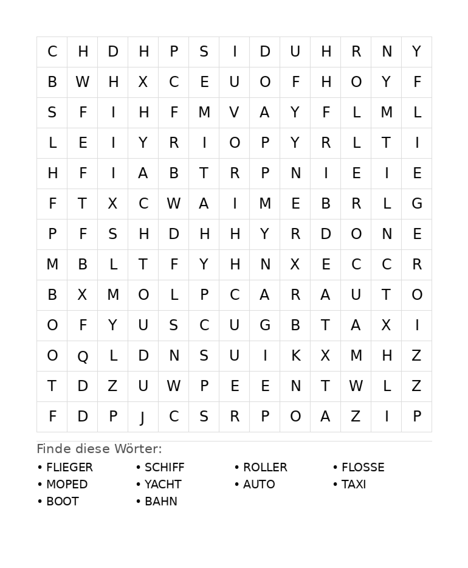 Wortsuchrätsel Wortsuchrätsel: Fahrzeuge für Grundschule aus der Kategorie Wortsuchrätsel - kostenlos ausdrucken