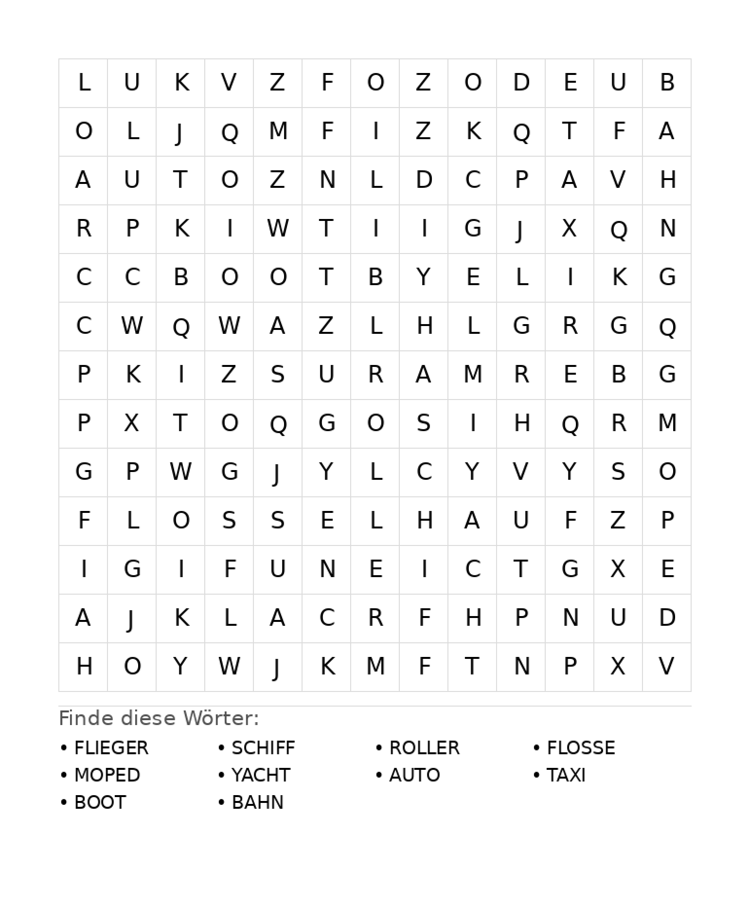 Wortsuchrätsel Wortsuchrätsel: Fahrzeuge für Grundschule aus der Kategorie Wortsuchrätsel - kostenlos ausdrucken
