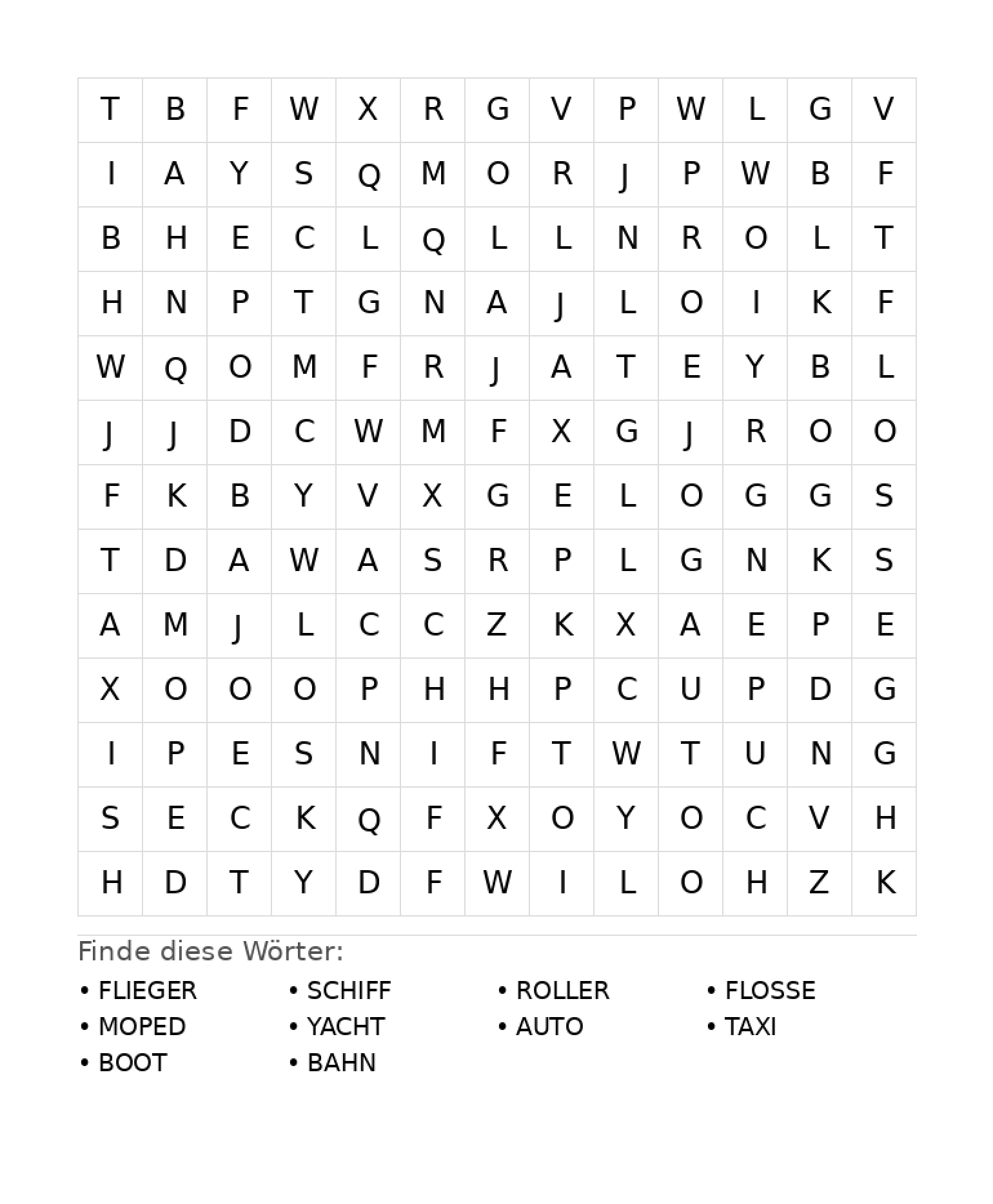 Wortsuchrätsel Wortsuchrätsel: Fahrzeuge für Grundschule aus der Kategorie Wortsuchrätsel - kostenlos ausdrucken