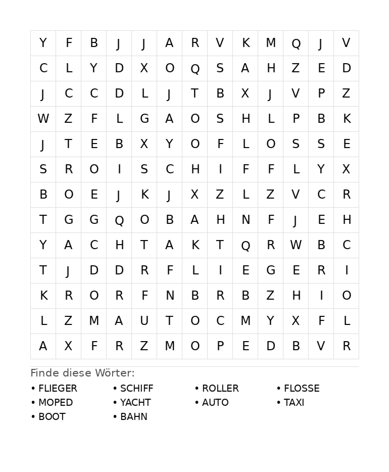 Wortsuchrätsel Wortsuchrätsel: Fahrzeuge für Grundschule aus der Kategorie Wortsuchrätsel - kostenlos ausdrucken