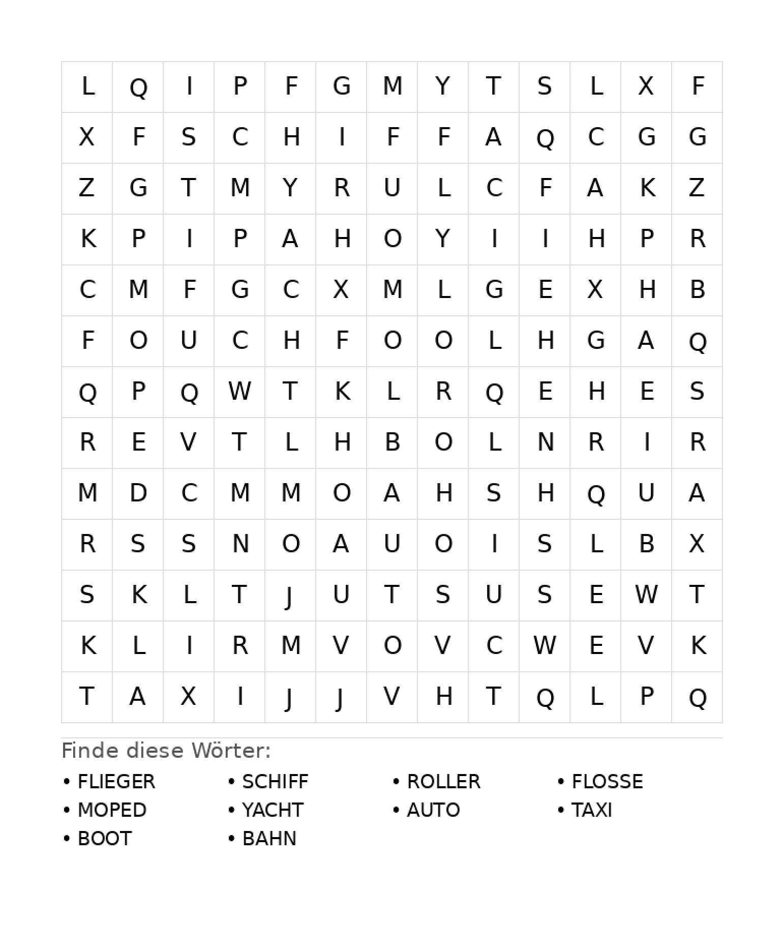 Wortsuchrätsel Wortsuchrätsel: Fahrzeuge für Grundschule aus der Kategorie Wortsuchrätsel - kostenlos ausdrucken