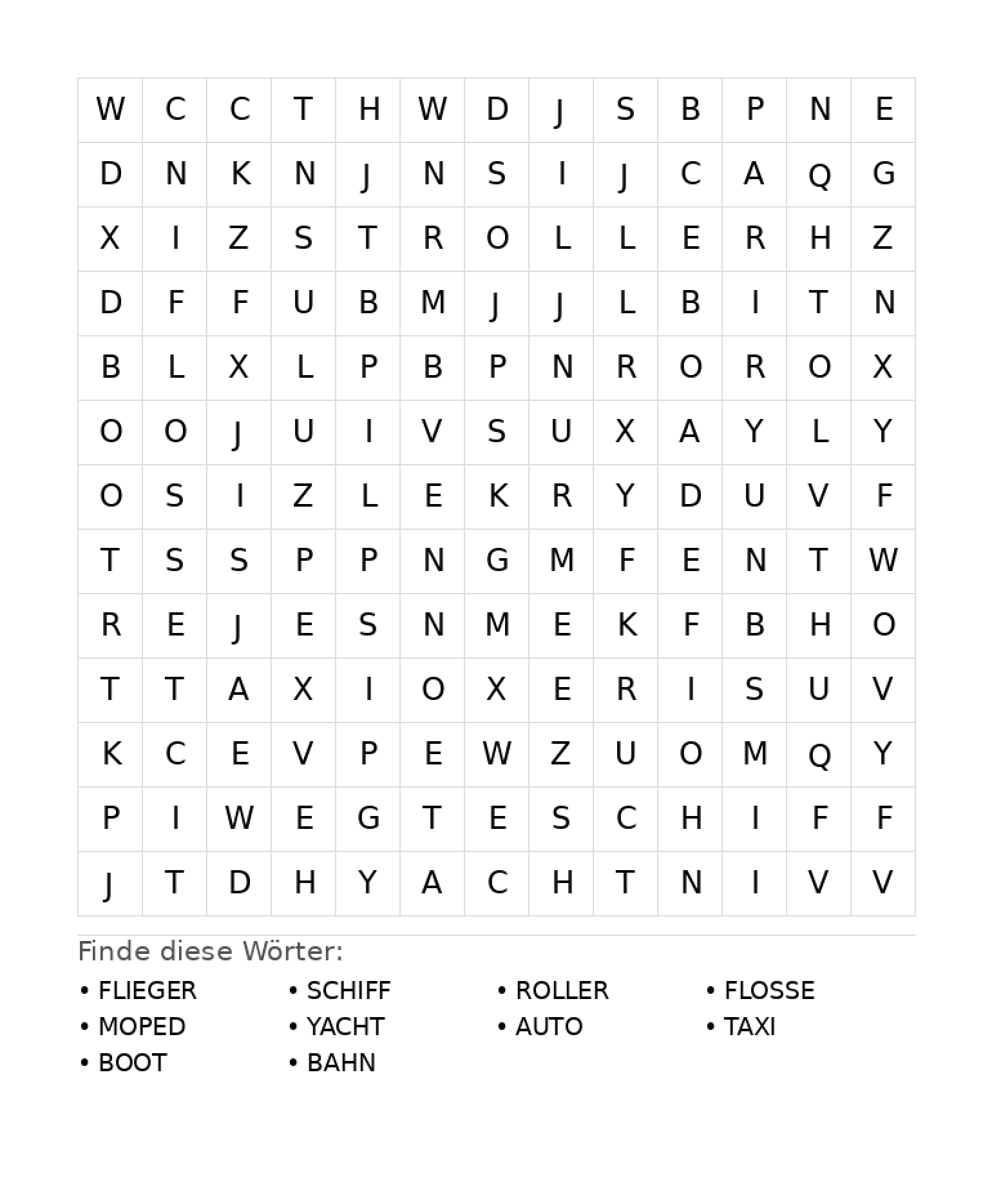 Wortsuchrätsel Wortsuchrätsel: Fahrzeuge für Grundschule aus der Kategorie Wortsuchrätsel - kostenlos ausdrucken