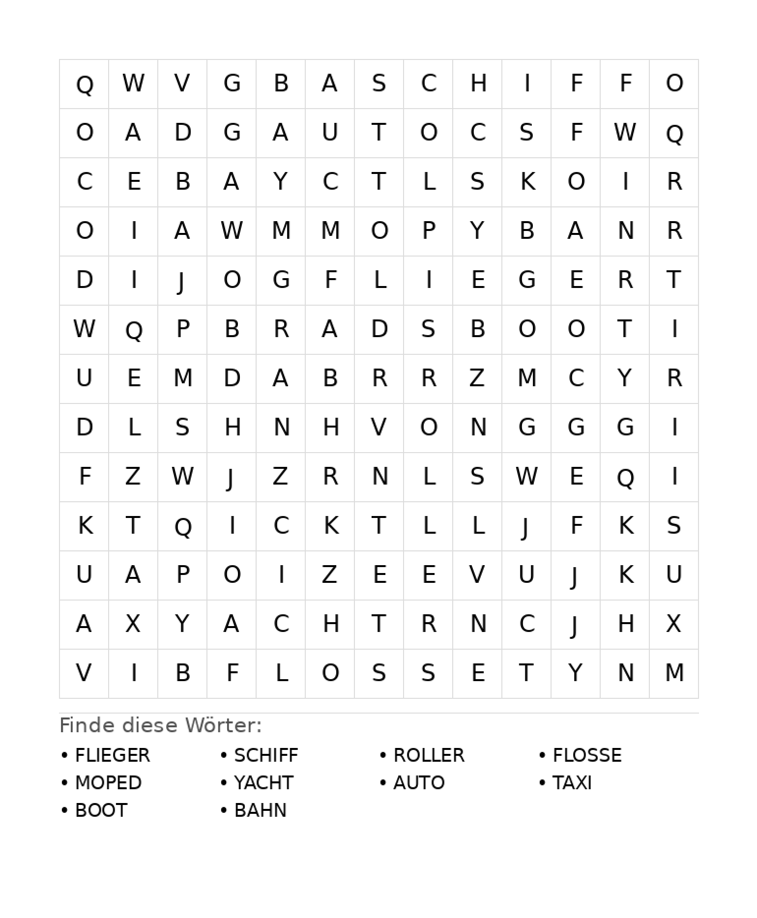 Wortsuchrätsel Wortsuchrätsel: Fahrzeuge für Grundschule aus der Kategorie Wortsuchrätsel - kostenlos ausdrucken
