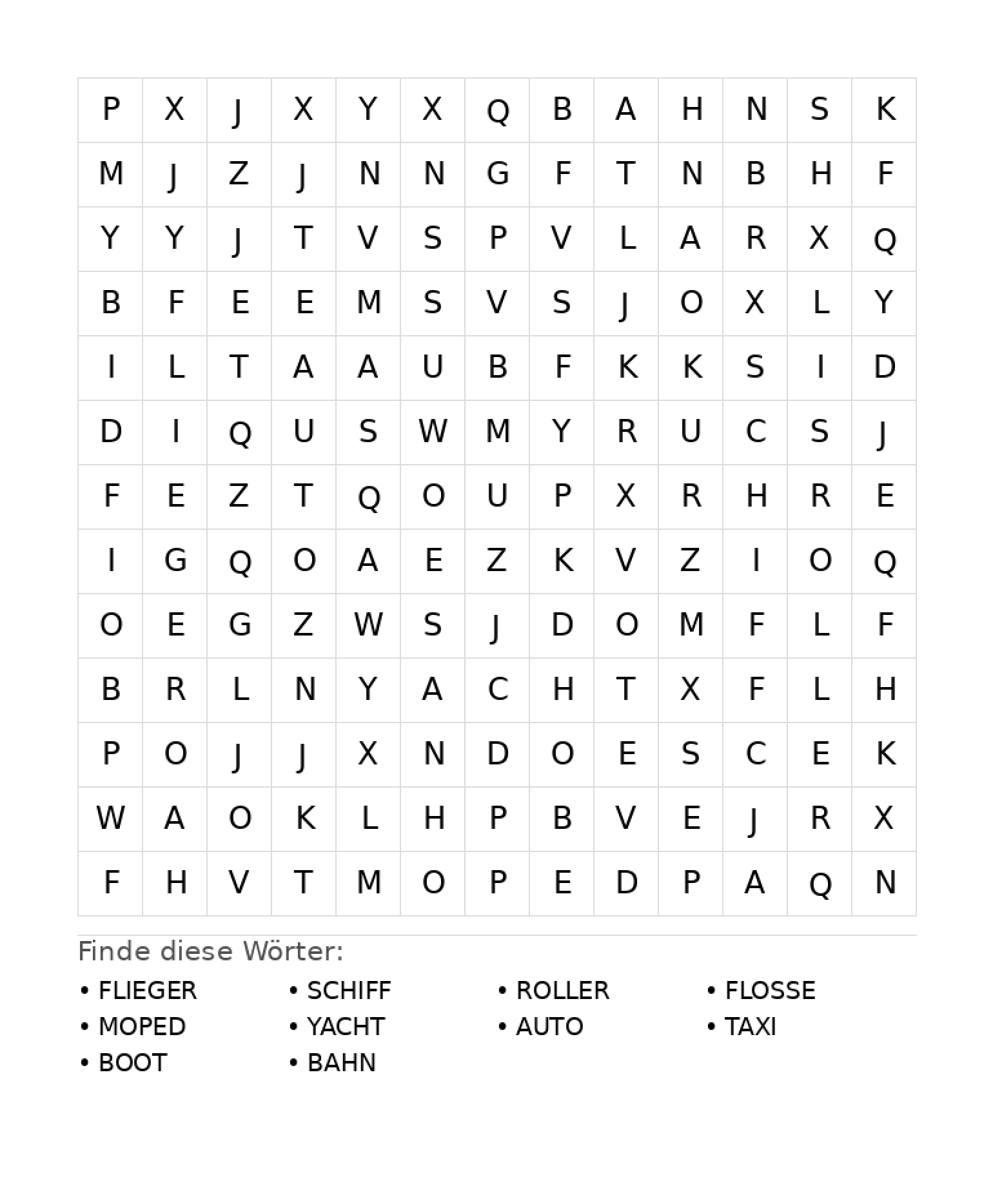 Wortsuchrätsel Wortsuchrätsel: Fahrzeuge für Grundschule aus der Kategorie Wortsuchrätsel - kostenlos ausdrucken