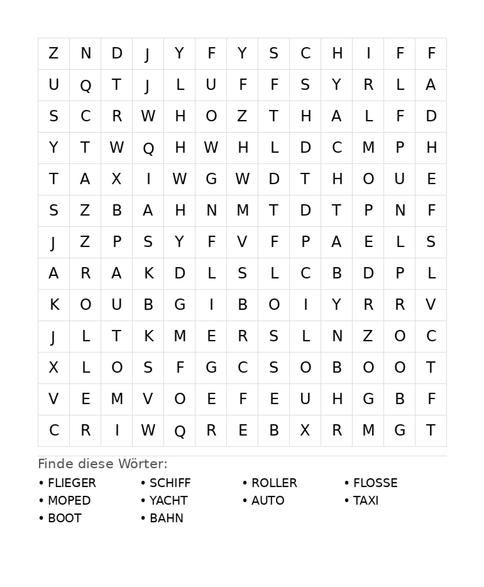 Wortsuchrätsel Wortsuchrätsel: Fahrzeuge für Grundschule aus der Kategorie Wortsuchrätsel - kostenlos ausdrucken