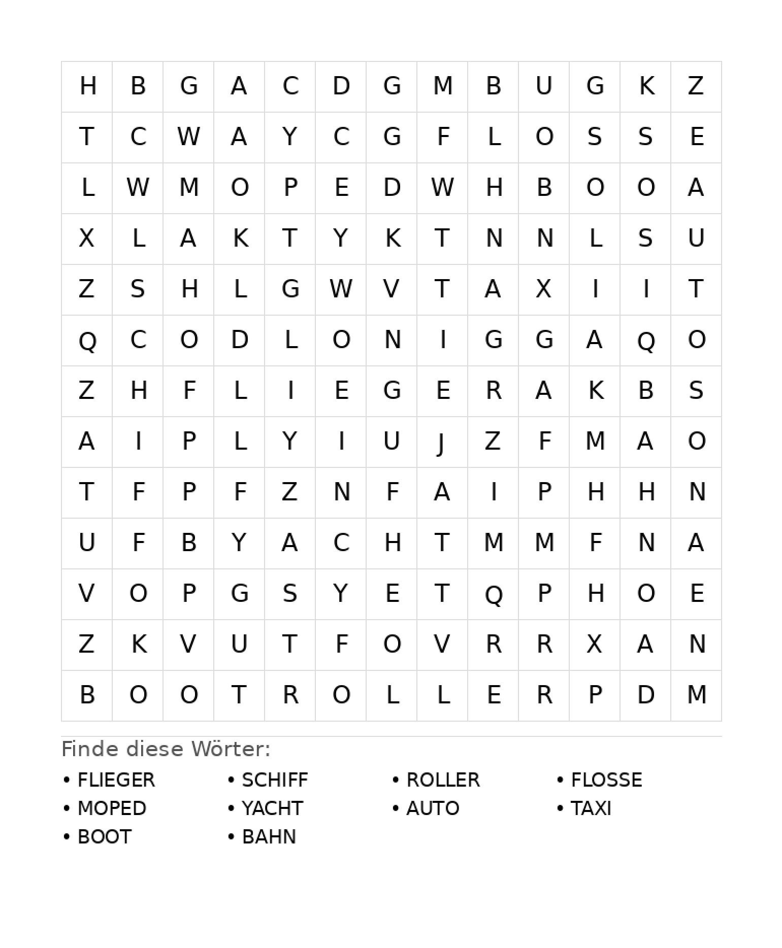 Wortsuchrätsel Wortsuchrätsel: Fahrzeuge für Grundschule aus der Kategorie Wortsuchrätsel - kostenlos ausdrucken