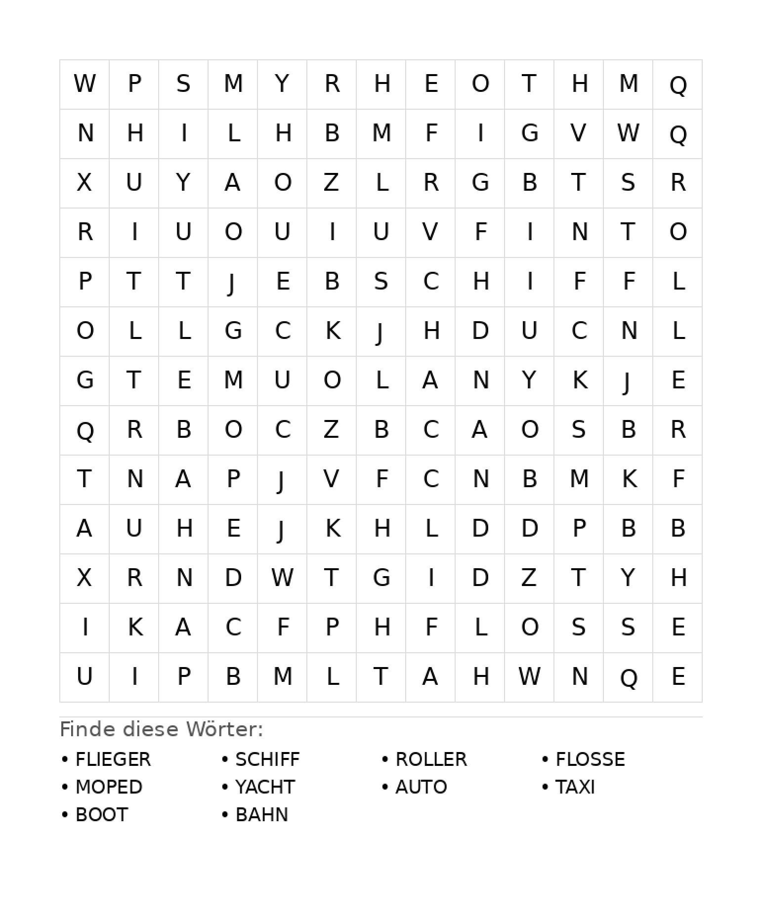Wortsuchrätsel Wortsuchrätsel: Fahrzeuge für Grundschule aus der Kategorie Wortsuchrätsel - kostenlos ausdrucken